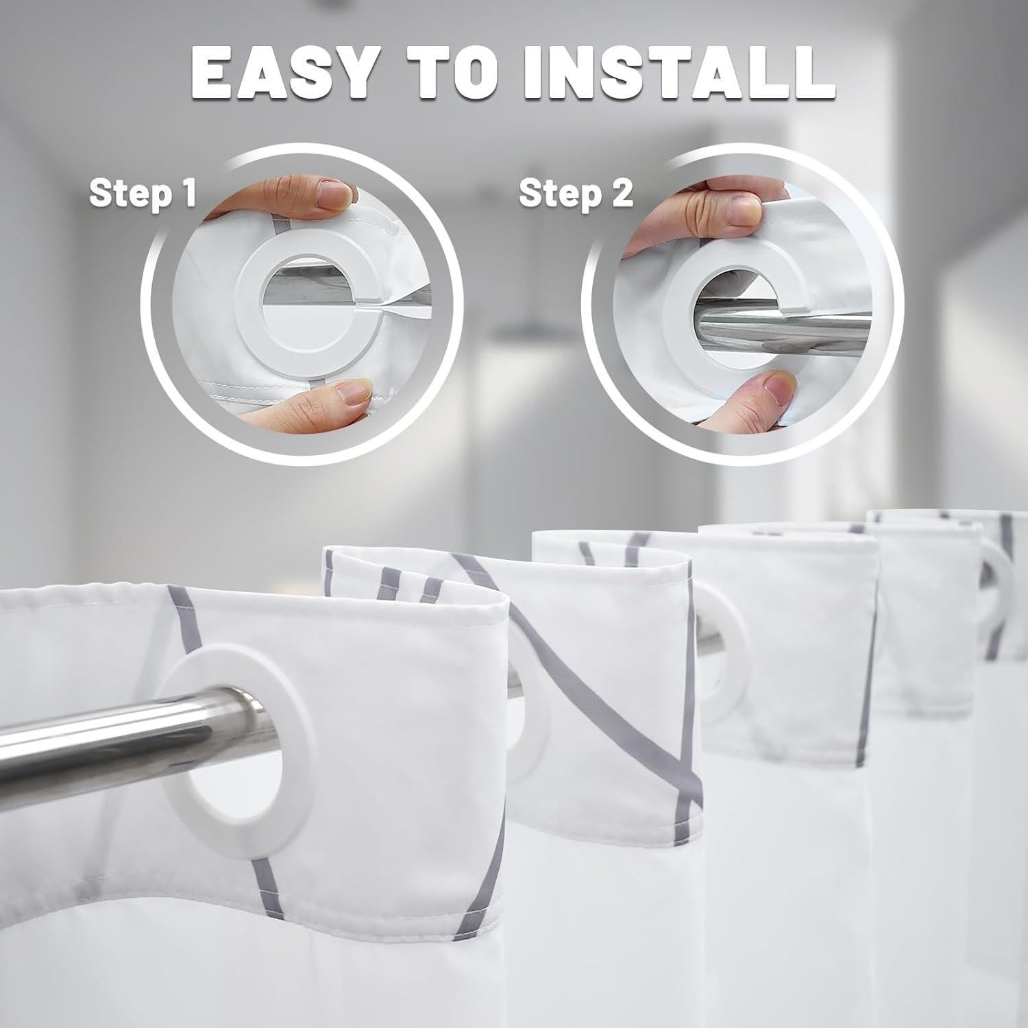 Cortina de Ducha LXBNI Rayas Gris y Blanca 180x188 cm Sin Ganchos