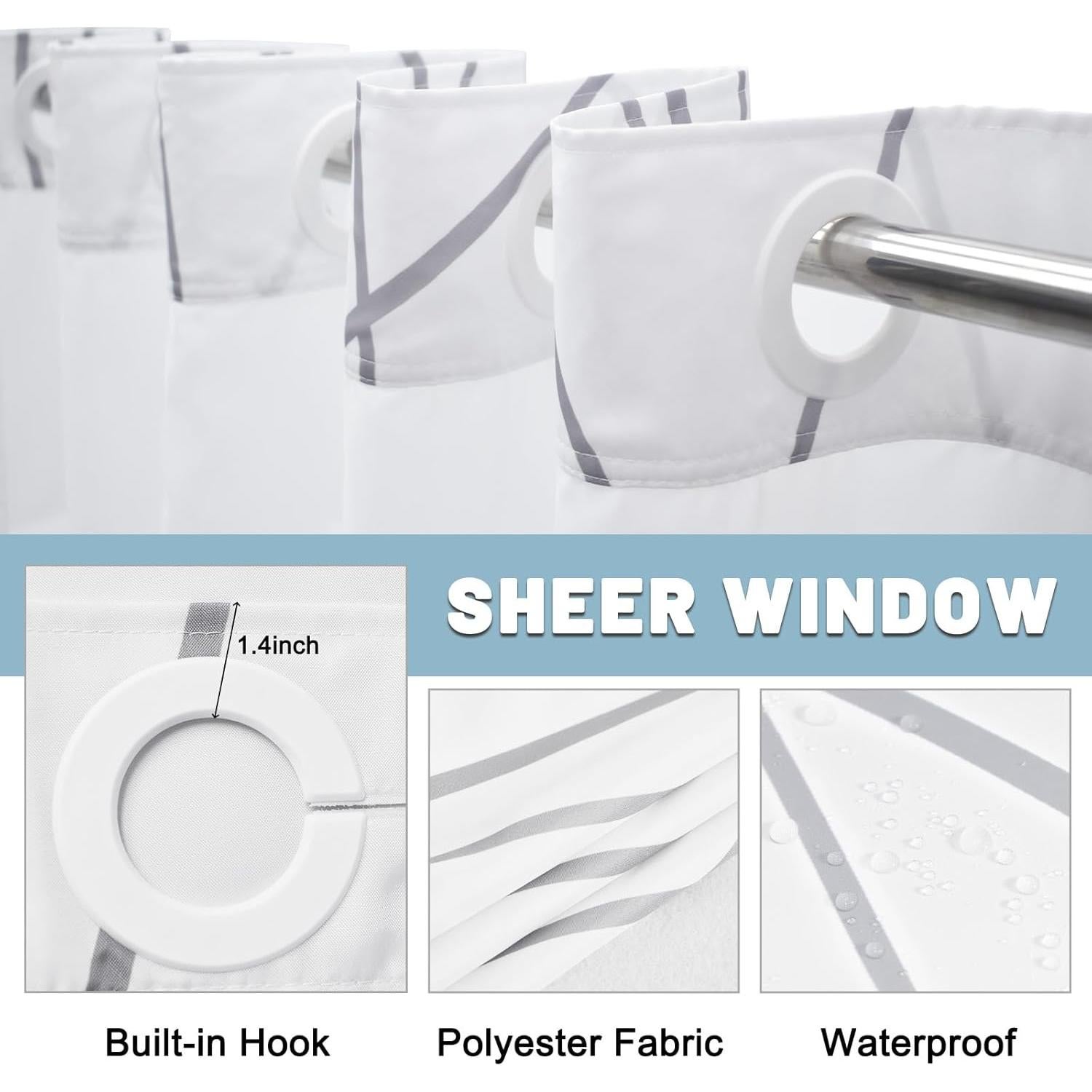 Cortina de Ducha LXBNI Rayas Gris y Blanca 180x188 cm Sin Ganchos