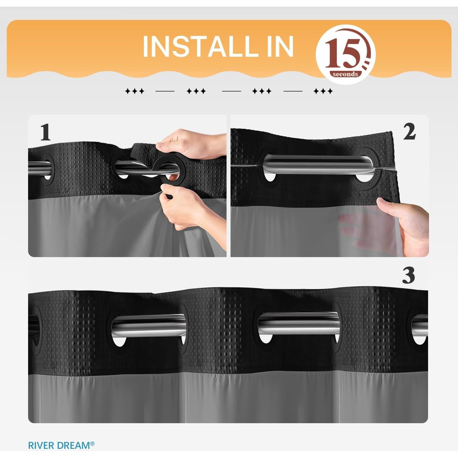 Cortina de Ducha River Dream Negra con Forro a Presión 180x188 cm