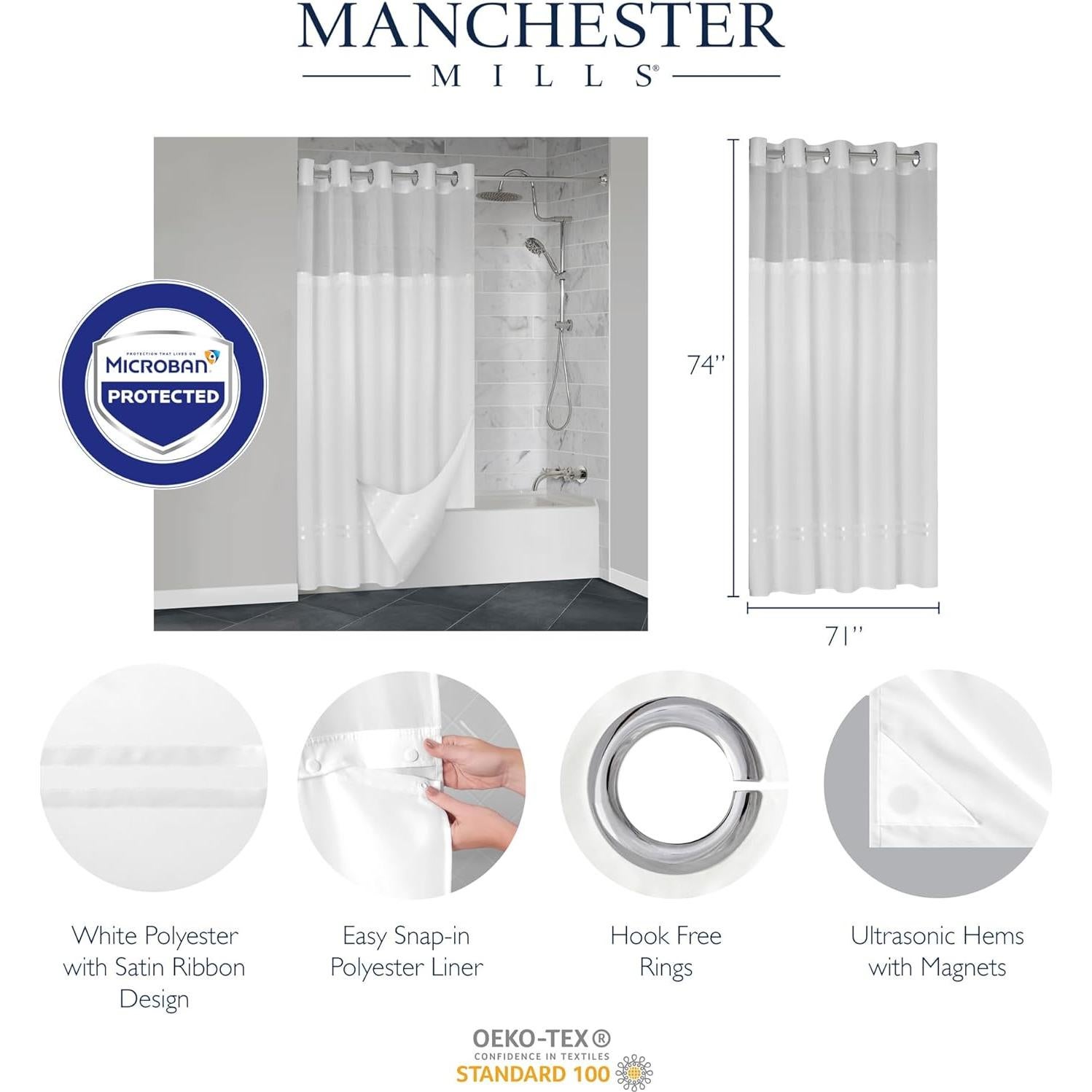 Cortina de Ducha Manchester Mills Protect360° 182.88x182.88 cm Blanca