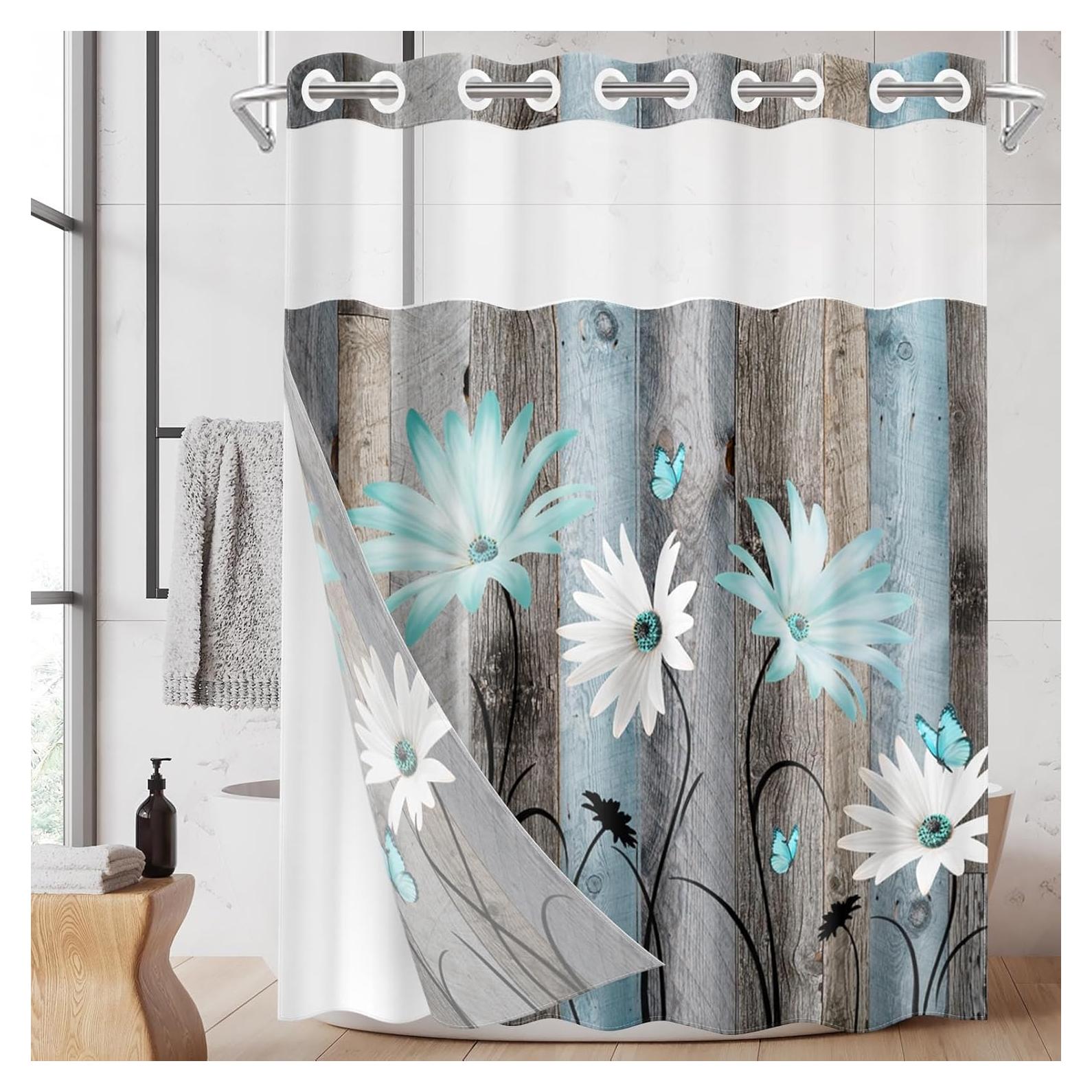 Cortina de Ducha Nesphy 180x188 cm Teal Floral Impermeable