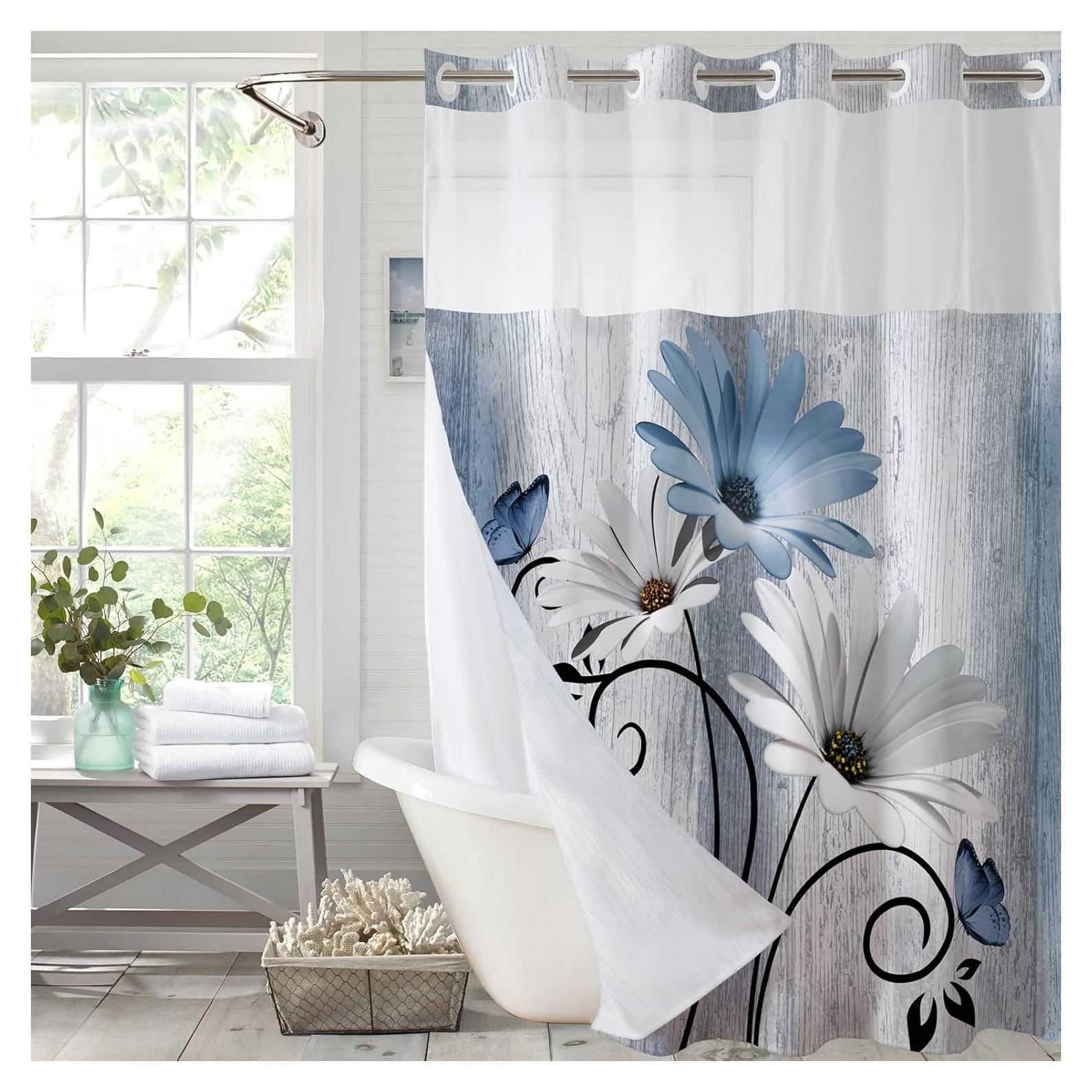 Cortina de Ducha Floral Muuyi 183x191 cm Azul Impermeable