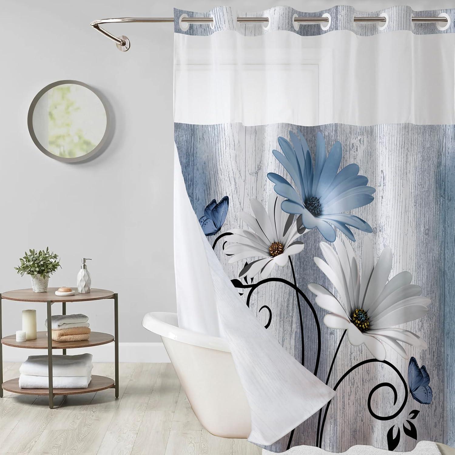 Cortina de Ducha Floral Muuyi 183x191 cm Azul Impermeable