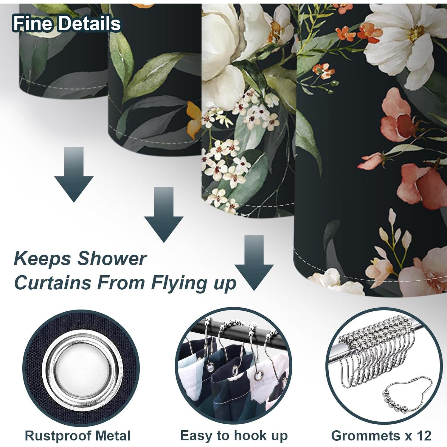 Cortina de Ducha Amaredom Floral Negra 183x183 cm Impermeable