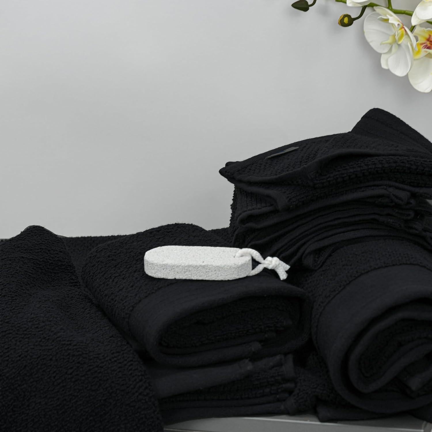 Tens Towels Pack of 8 Popcorn Textured Luxury Towels Set, 2 Extra Large Bath, 2 Hand, 4 Washcloths, 100% Cotton, Plush Hotel Quality, Super Absorbent, Perfect for Your Bathroom, Black