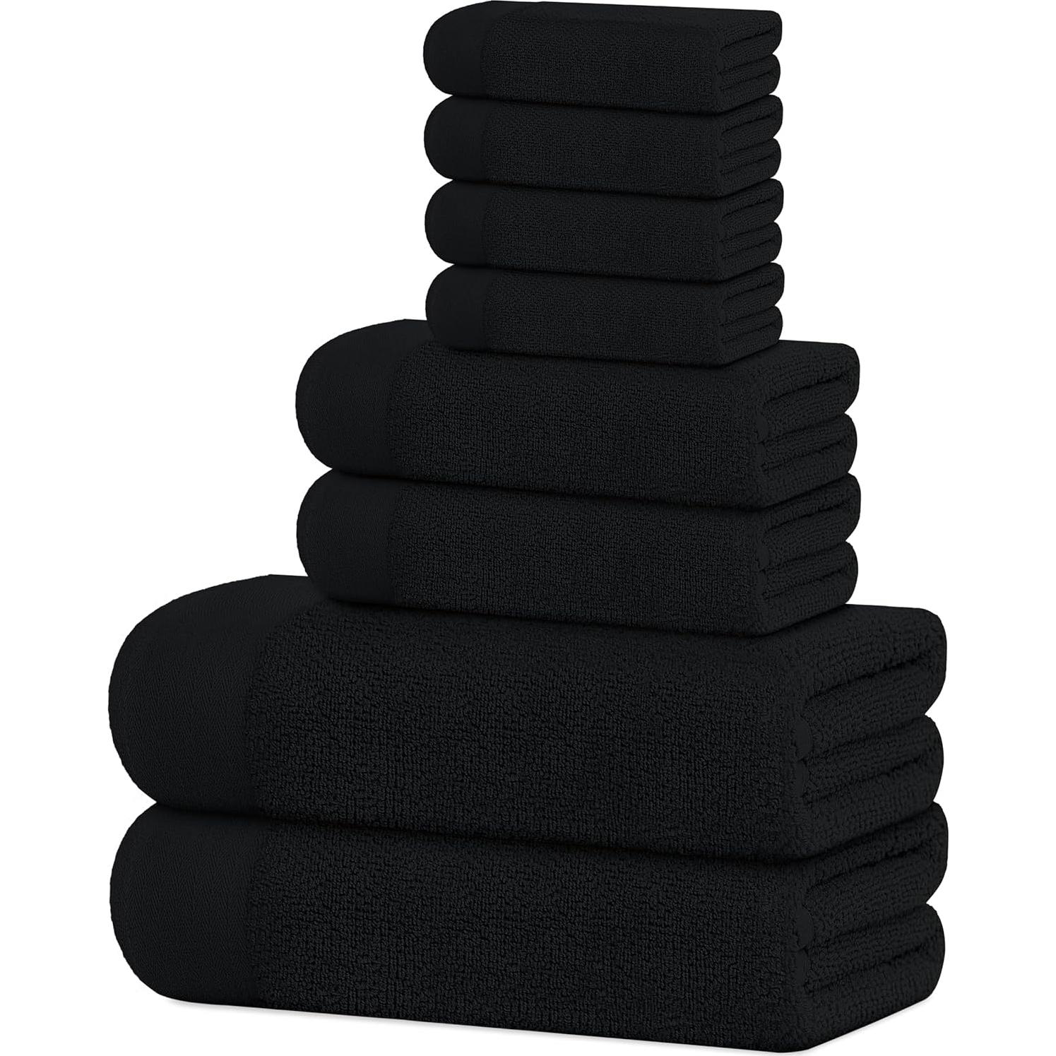 Tens Towels Pack of 8 Popcorn Textured Luxury Towels Set, 2 Extra Large Bath, 2 Hand, 4 Washcloths, 100% Cotton, Plush Hotel Quality, Super Absorbent, Perfect for Your Bathroom, Black