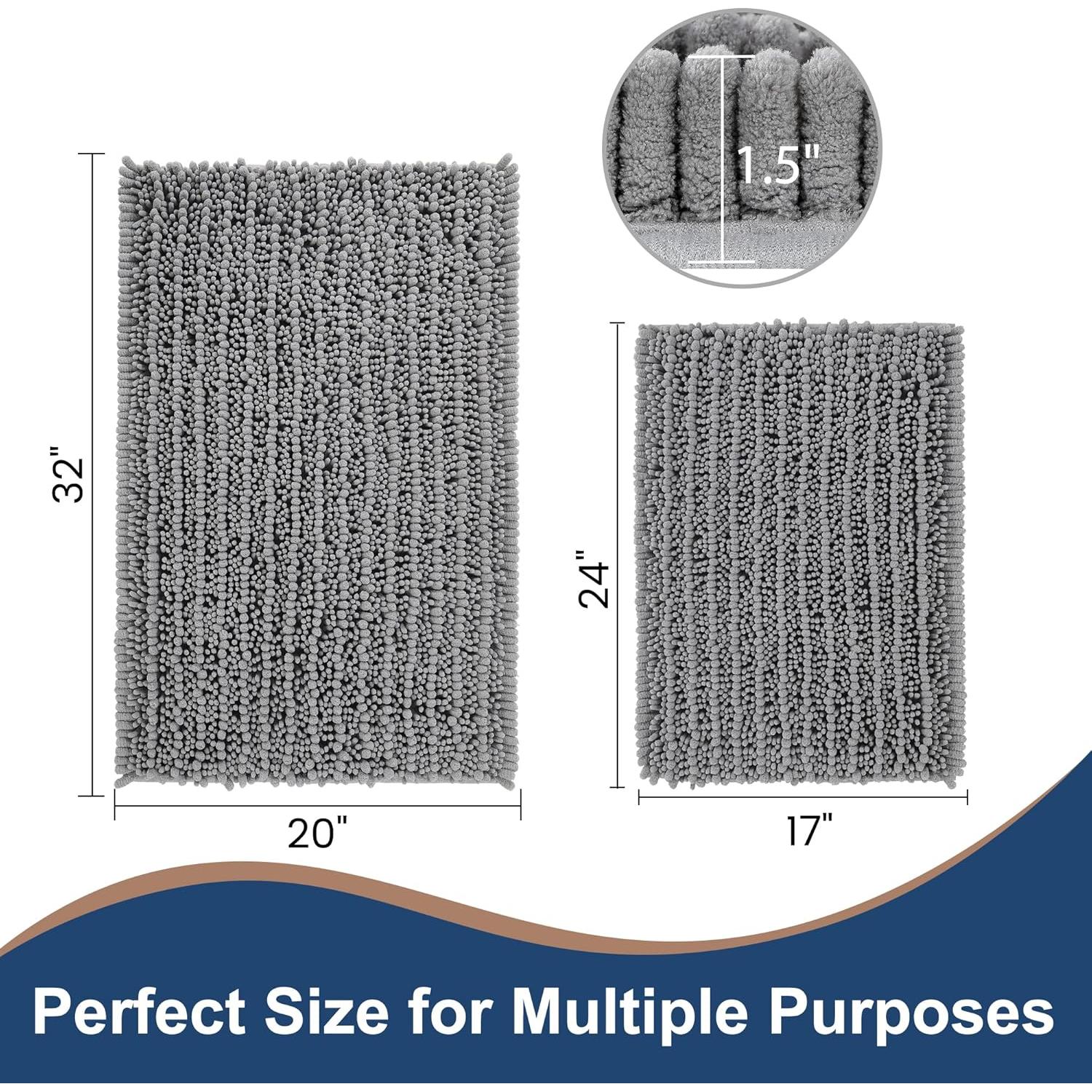 Alfombrillas de Baño Chenilla FLOLEOPA Gris Antideslizantes 2 Piezas