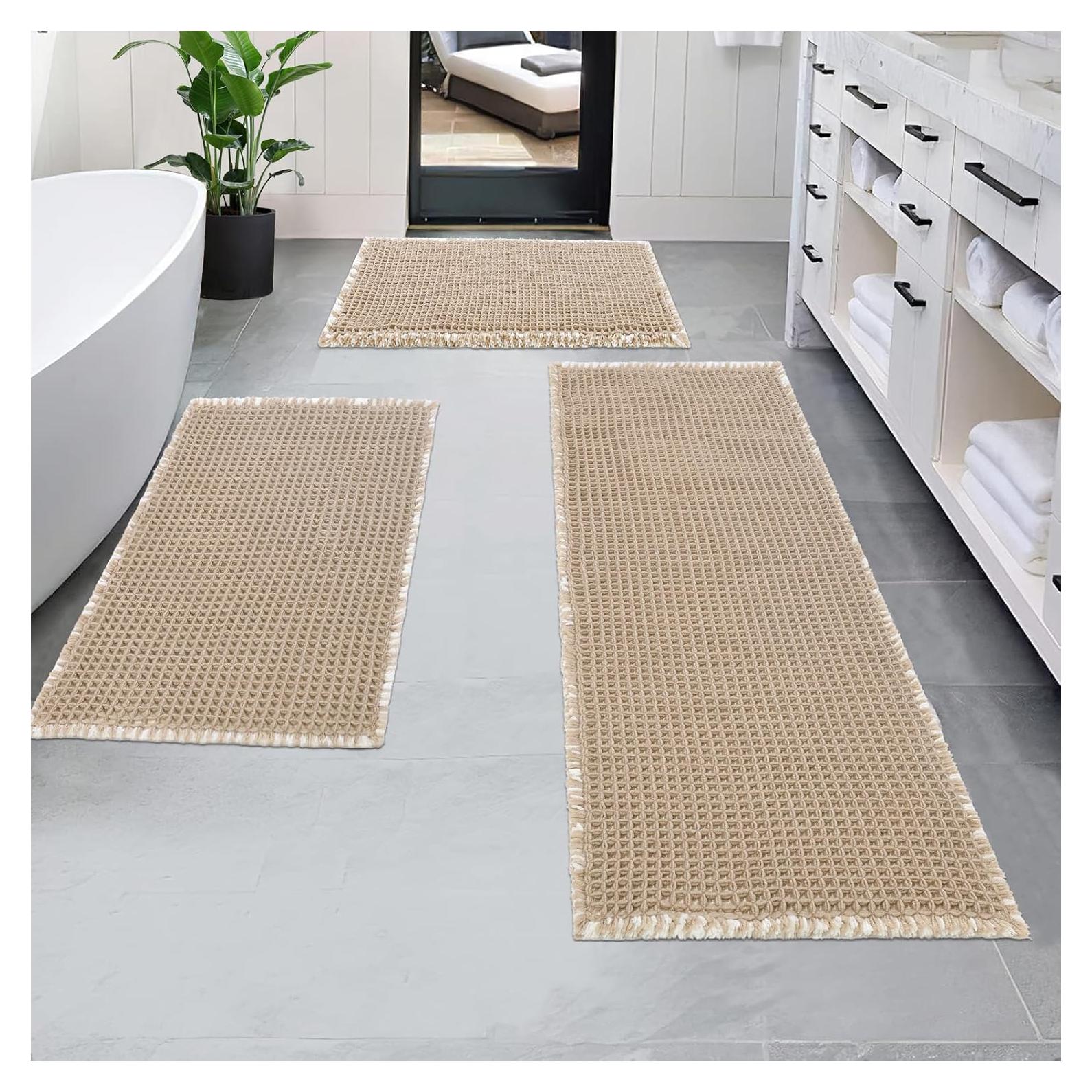 Pauwer 3 Piece Waffle Bath Mat Set - Non Slip, Soft Absorbent Bathroom Rugs for Floor, Tub, Shower - Machine Washable, Khaki