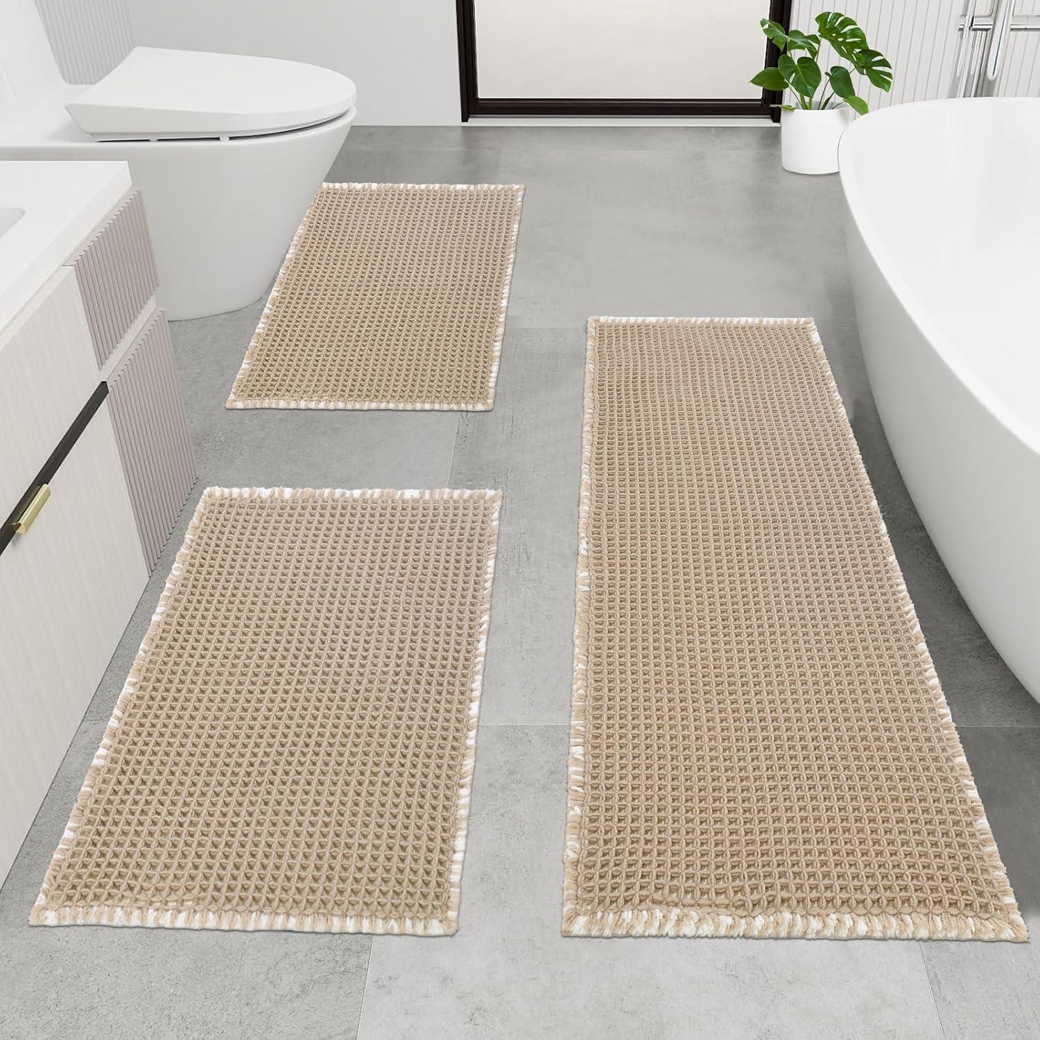 Pauwer 3 Piece Waffle Bath Mat Set - Non Slip, Soft Absorbent Bathroom Rugs for Floor, Tub, Shower - Machine Washable, Khaki