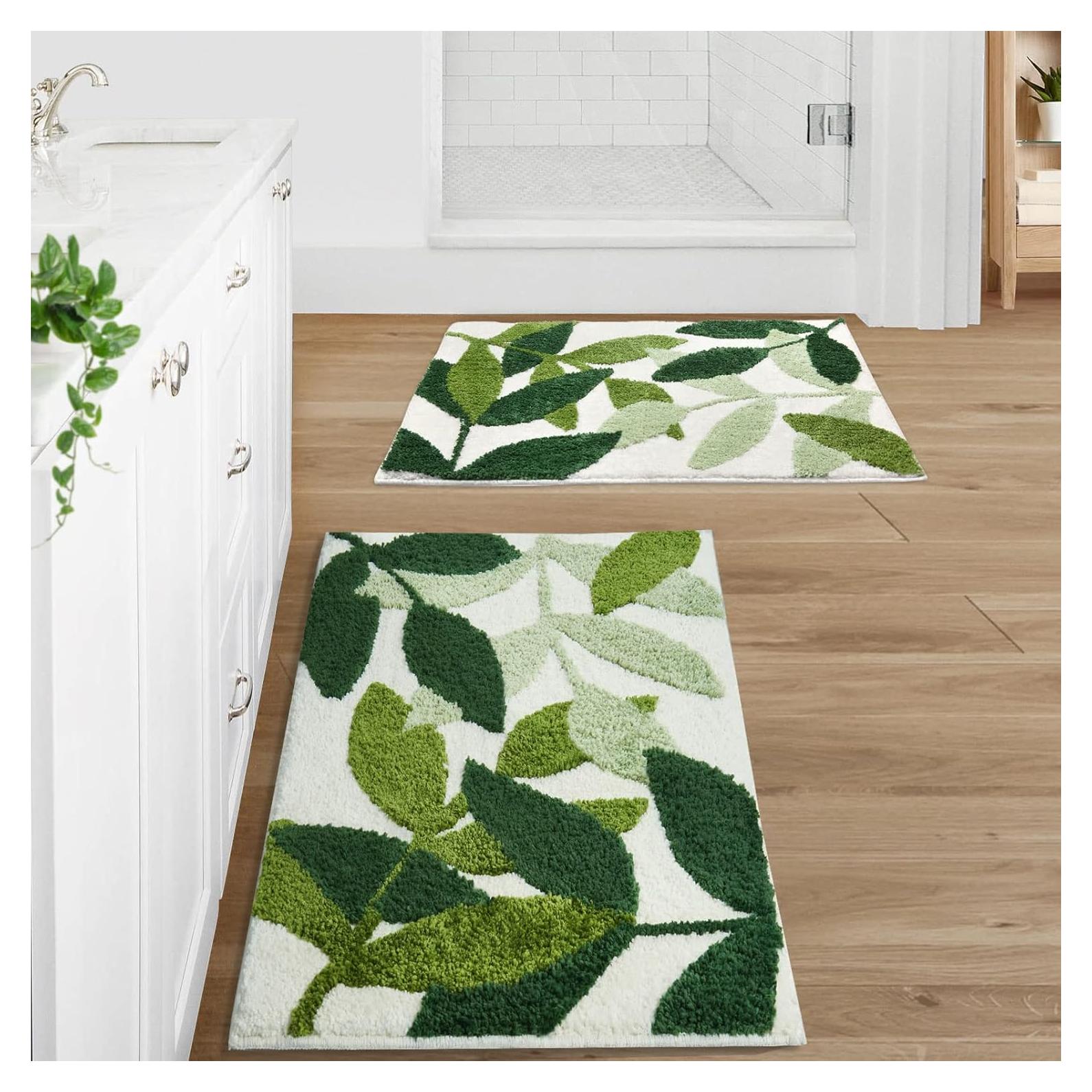 Gibelle Green Bathroom Rug Set 2 Piece, Non-Slip Strong Water Absorbent Plush Microfiber Bath Mat Rug Set, Machine Washable Bathroom Floor Mat Cute Shower Bathmat Indoor Doormat (18"x26"+20"x32")