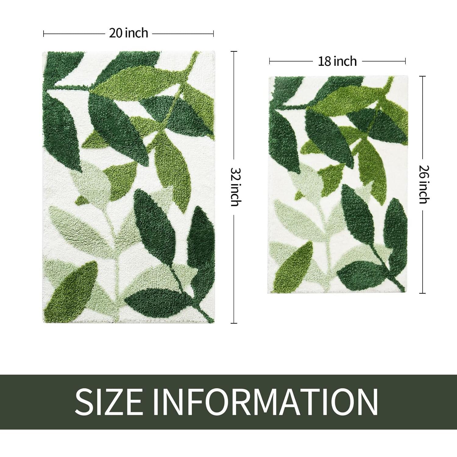 Gibelle Green Bathroom Rug Set 2 Piece, Non-Slip Strong Water Absorbent Plush Microfiber Bath Mat Rug Set, Machine Washable Bathroom Floor Mat Cute Shower Bathmat Indoor Doormat (18"x26"+20"x32")