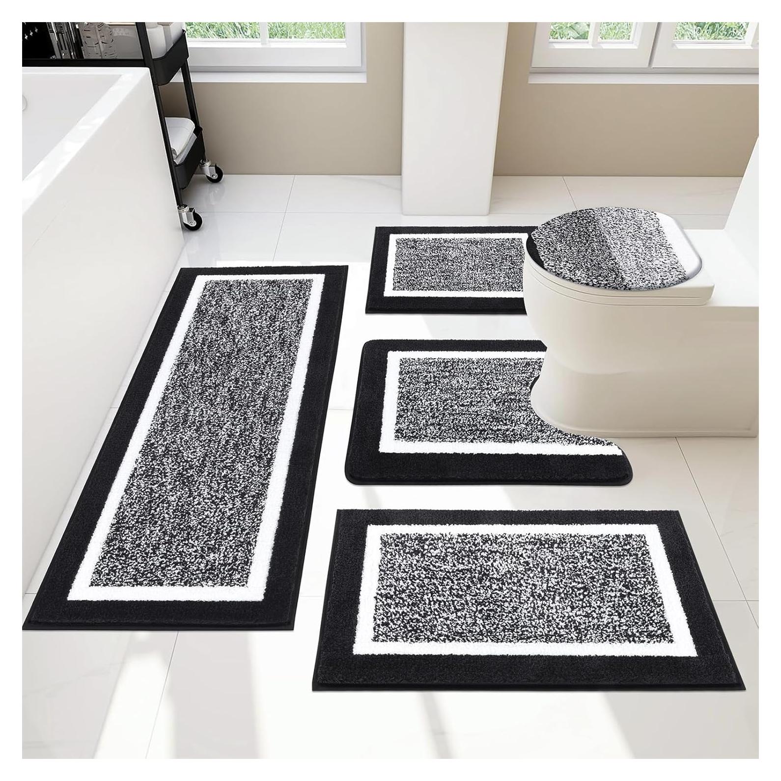 Pauwer Bathroom Rugs Set 5 Piece, Plush Absorbent Microfiber Bath Mats for Bathroom, Non Slip Washable Bath Rug Set with U Shaped Contour Toilet Rugs, Shower Rug and Toilet Lid Cover, Black
