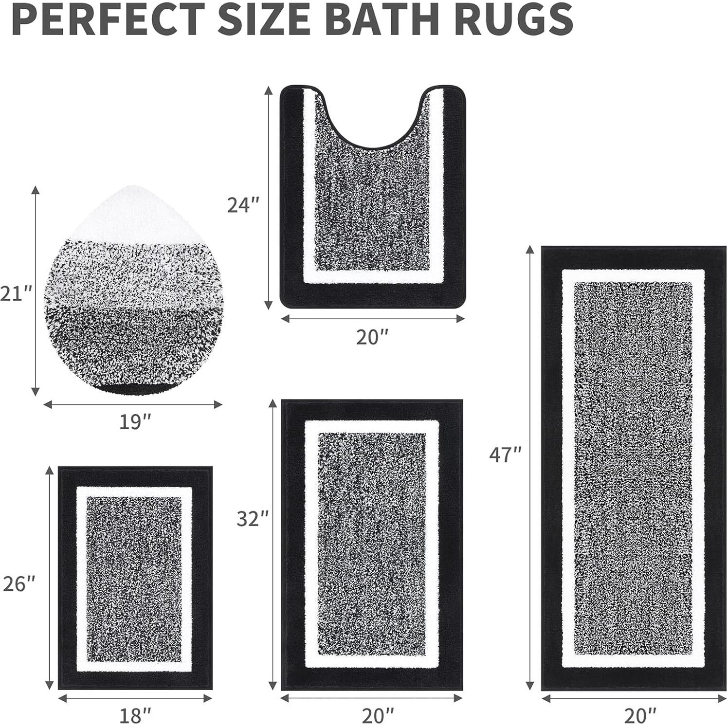 Pauwer Bathroom Rugs Set 5 Piece, Plush Absorbent Microfiber Bath Mats for Bathroom, Non Slip Washable Bath Rug Set with U Shaped Contour Toilet Rugs, Shower Rug and Toilet Lid Cover, Black