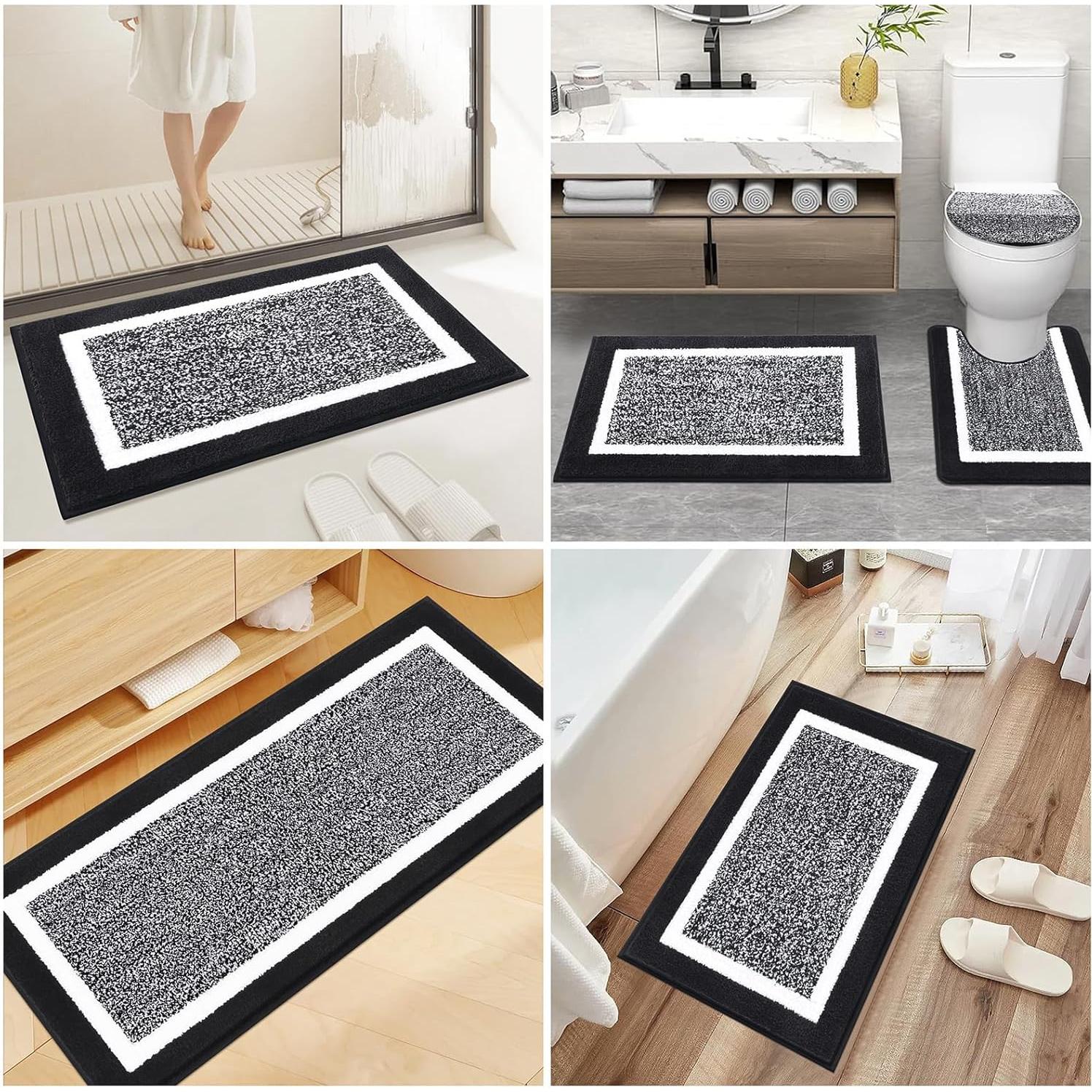Pauwer Bathroom Rugs Set 5 Piece, Plush Absorbent Microfiber Bath Mats for Bathroom, Non Slip Washable Bath Rug Set with U Shaped Contour Toilet Rugs, Shower Rug and Toilet Lid Cover, Black
