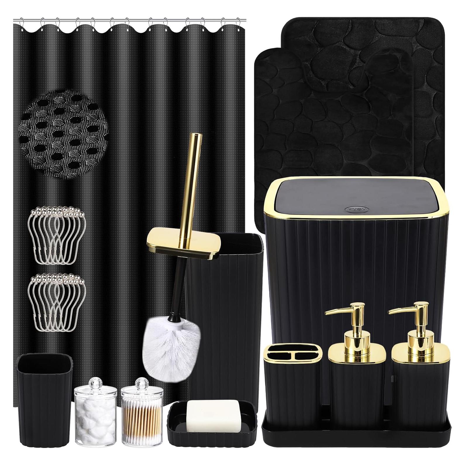 Juego de baño XLHOMO 25 piezas con cortina y alfombrillas negras