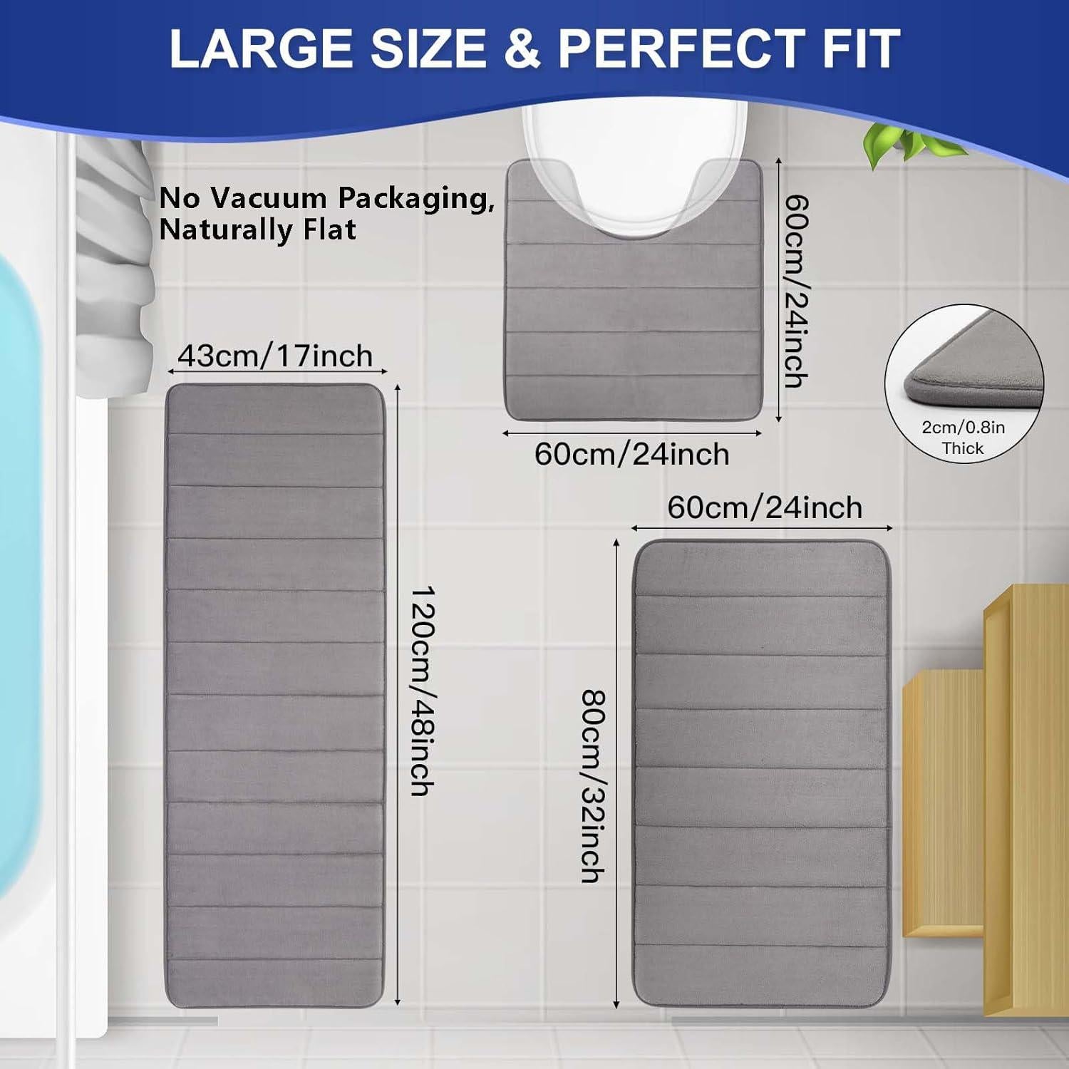 Conjunto de Alfombrillas de Baño HOUYOMICS 3 Piezas Gris Antideslizante