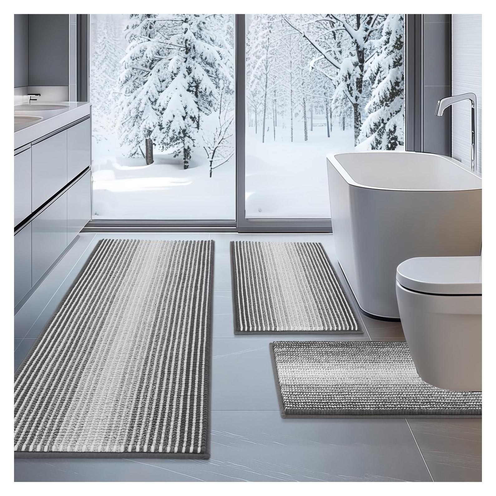 Conjunto de Alfombrillas de Baño BSICPRO 3 Piezas Chenille Gris