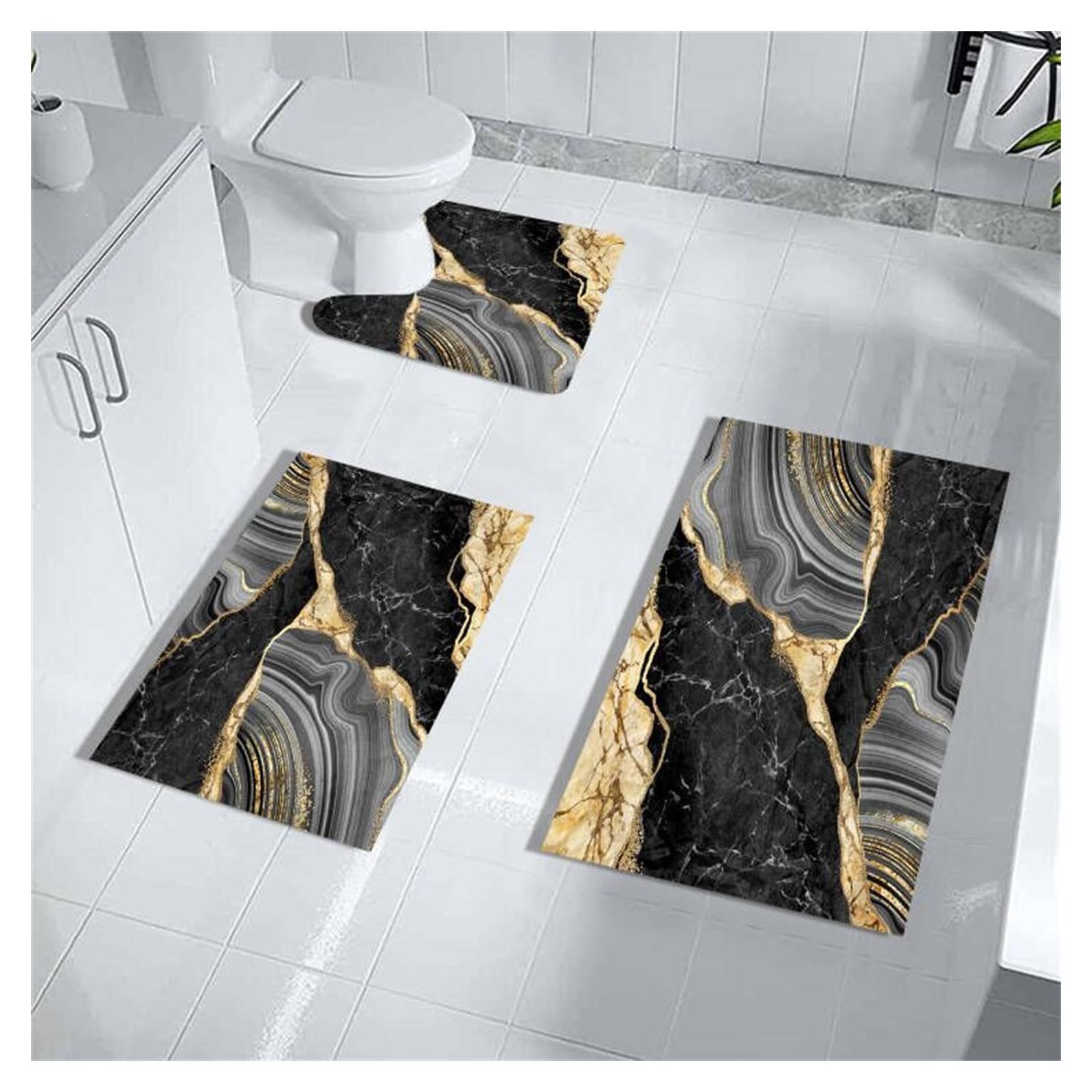 Alfombra de Baño MUGINYU 3 Piezas Antideslizante Negro y Dorado