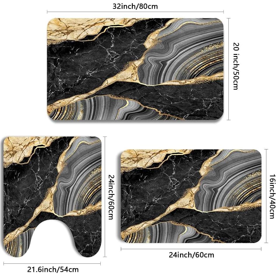 Alfombra de Baño MUGINYU 3 Piezas Antideslizante Negro y Dorado