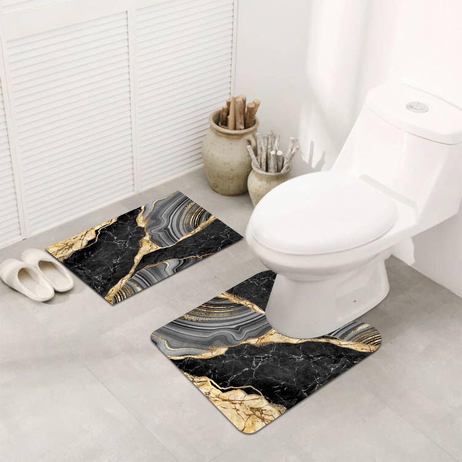 Alfombra de Baño MUGINYU 3 Piezas Antideslizante Negro y Dorado