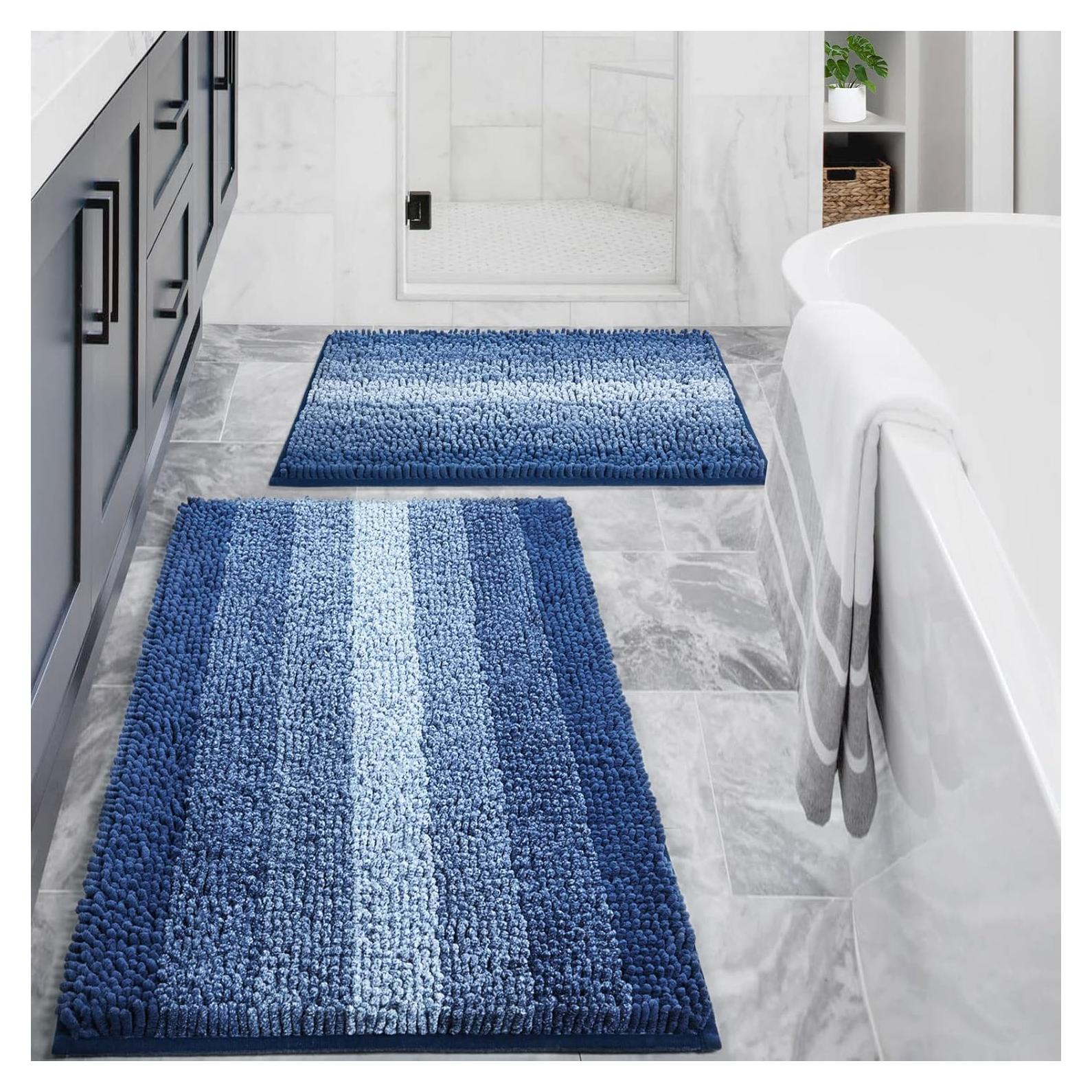 Gibelle Blue Bathroom Rug Set 2 Piece, Chenille Non Slip Bath Mat Set, Absorbent Shower Rug and Bath Room Floor Mats, Quick Dry Bathmat Bathroom Decor Accessories for Tub, 16" x 24", 20" x 32"