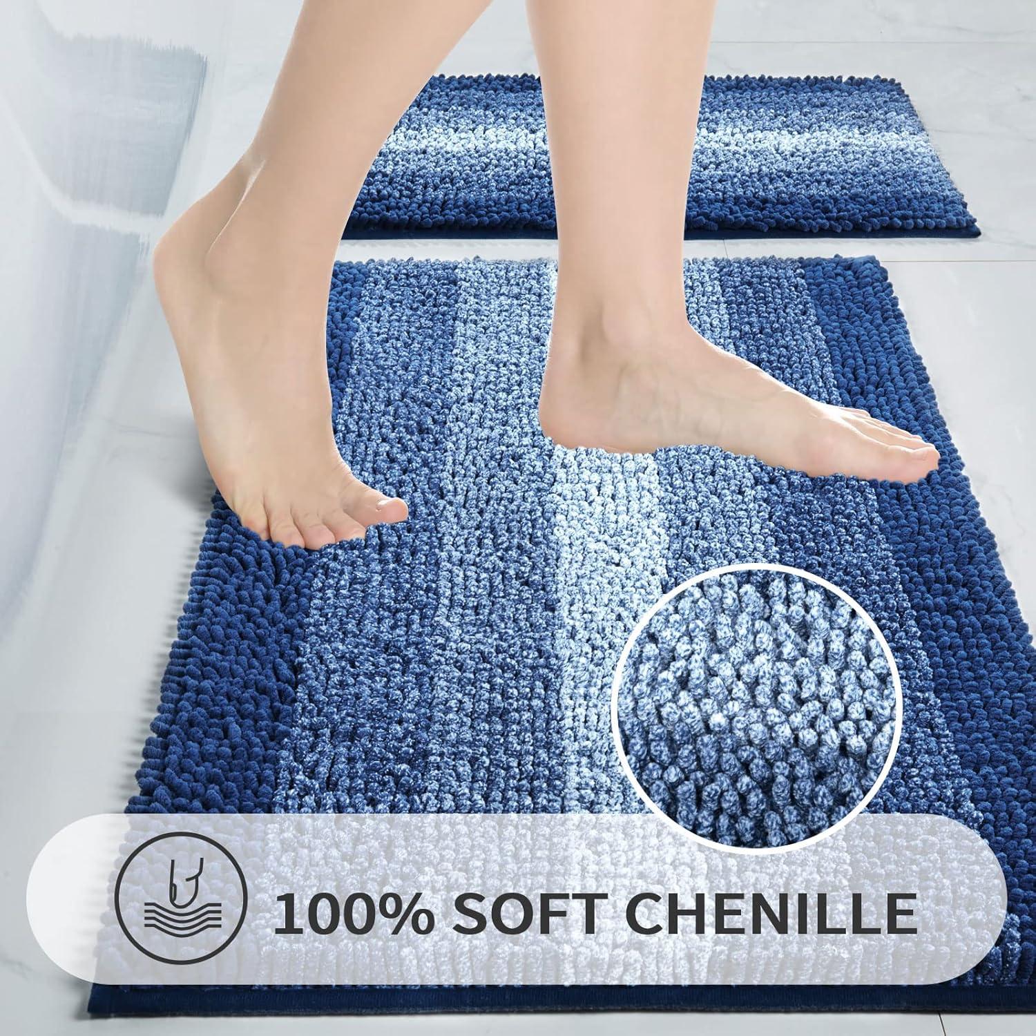 Gibelle Blue Bathroom Rug Set 2 Piece, Chenille Non Slip Bath Mat Set, Absorbent Shower Rug and Bath Room Floor Mats, Quick Dry Bathmat Bathroom Decor Accessories for Tub, 16" x 24", 20" x 32"