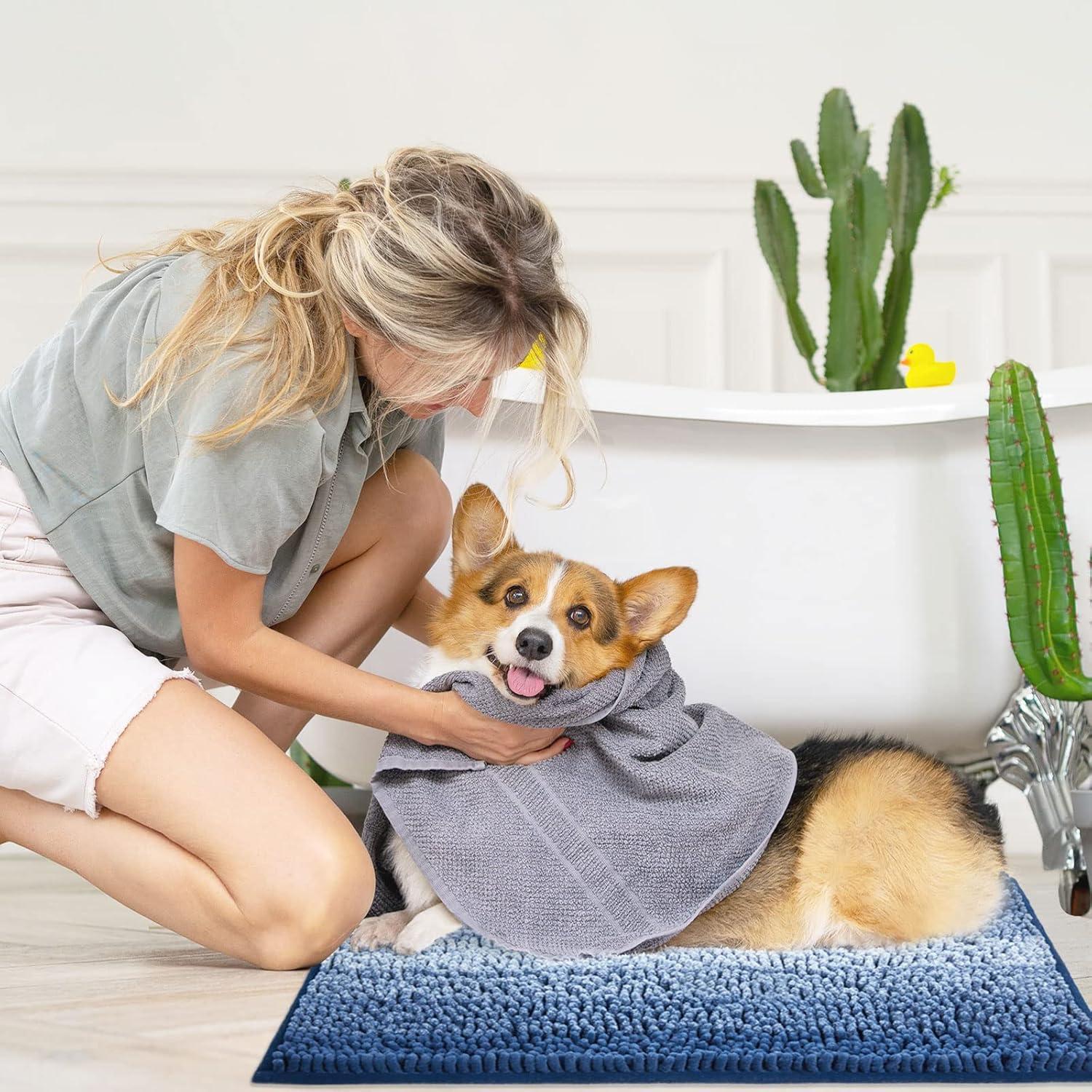 Gibelle Blue Bathroom Rug Set 2 Piece, Chenille Non Slip Bath Mat Set, Absorbent Shower Rug and Bath Room Floor Mats, Quick Dry Bathmat Bathroom Decor Accessories for Tub, 16" x 24", 20" x 32"