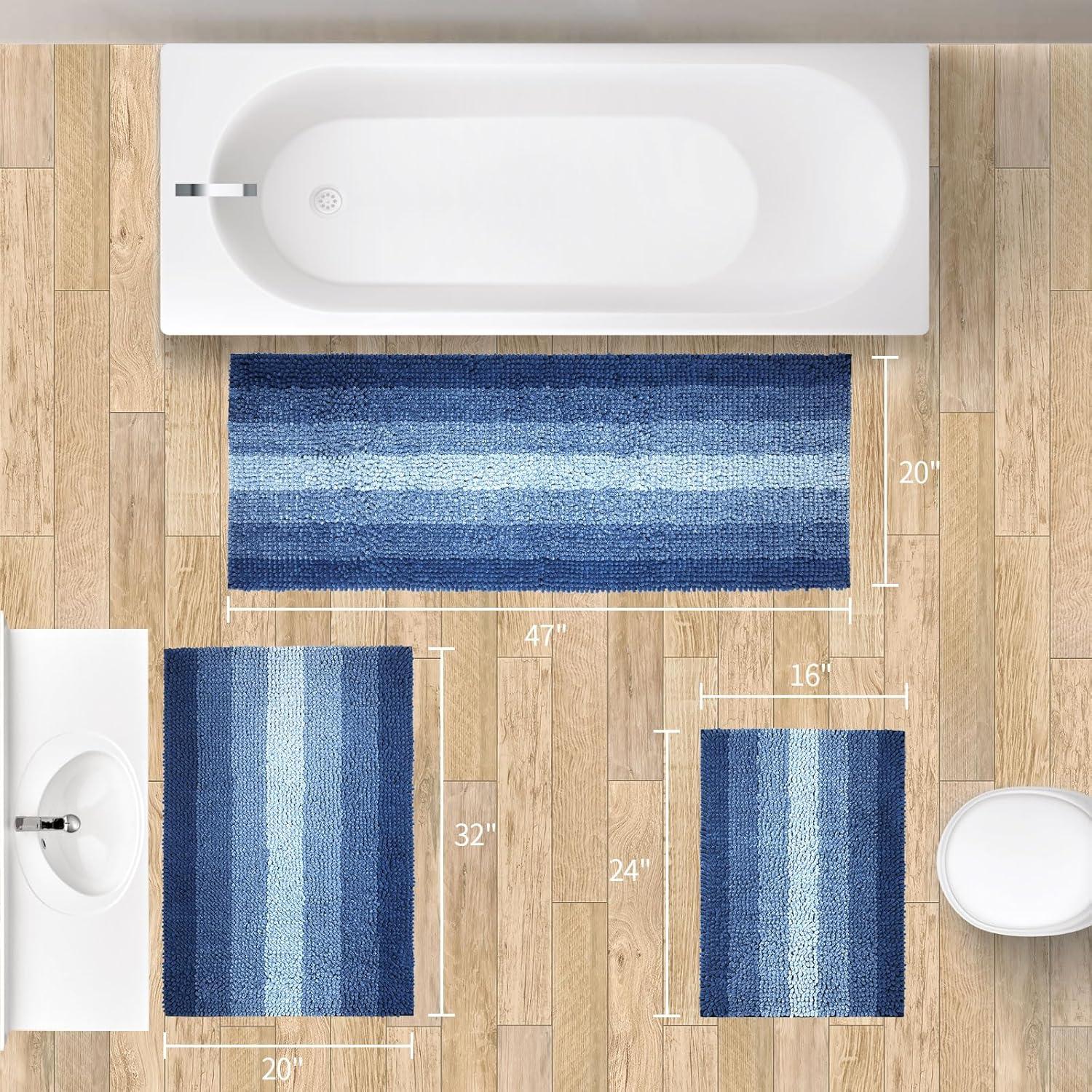 Gibelle Blue Bathroom Rug Set 2 Piece, Chenille Non Slip Bath Mat Set, Absorbent Shower Rug and Bath Room Floor Mats, Quick Dry Bathmat Bathroom Decor Accessories for Tub, 16" x 24", 20" x 32"