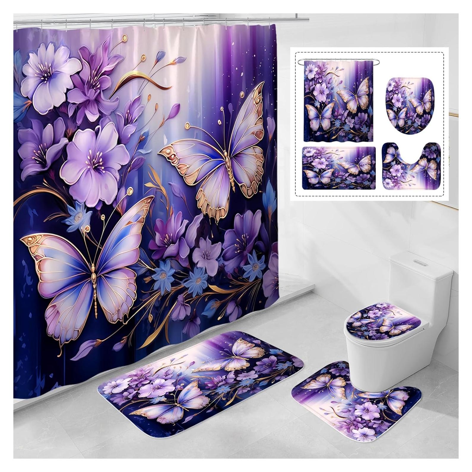 4 Pcs Purple Floral Butterfly Shower Curtain Set with Non-Slip Rugs, Modern Toilet Lid Cover and Bath Mat, Elegant Bathroom Decor Set with Shower Curtain and Rugs(Hooks Not Included)