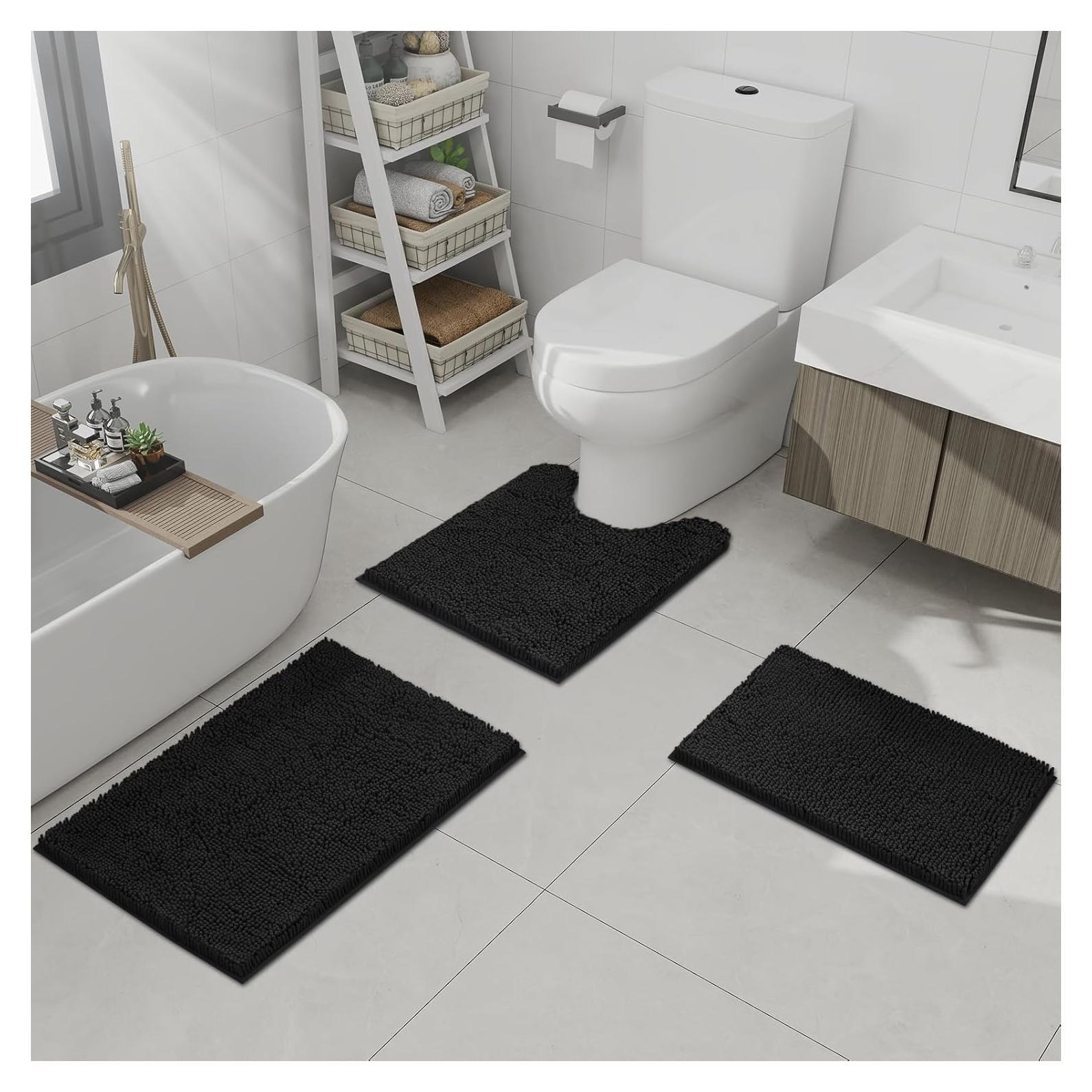 Juego de Alfombrillas de Baño 3 Piezas Hbsmat Chenille Negro
