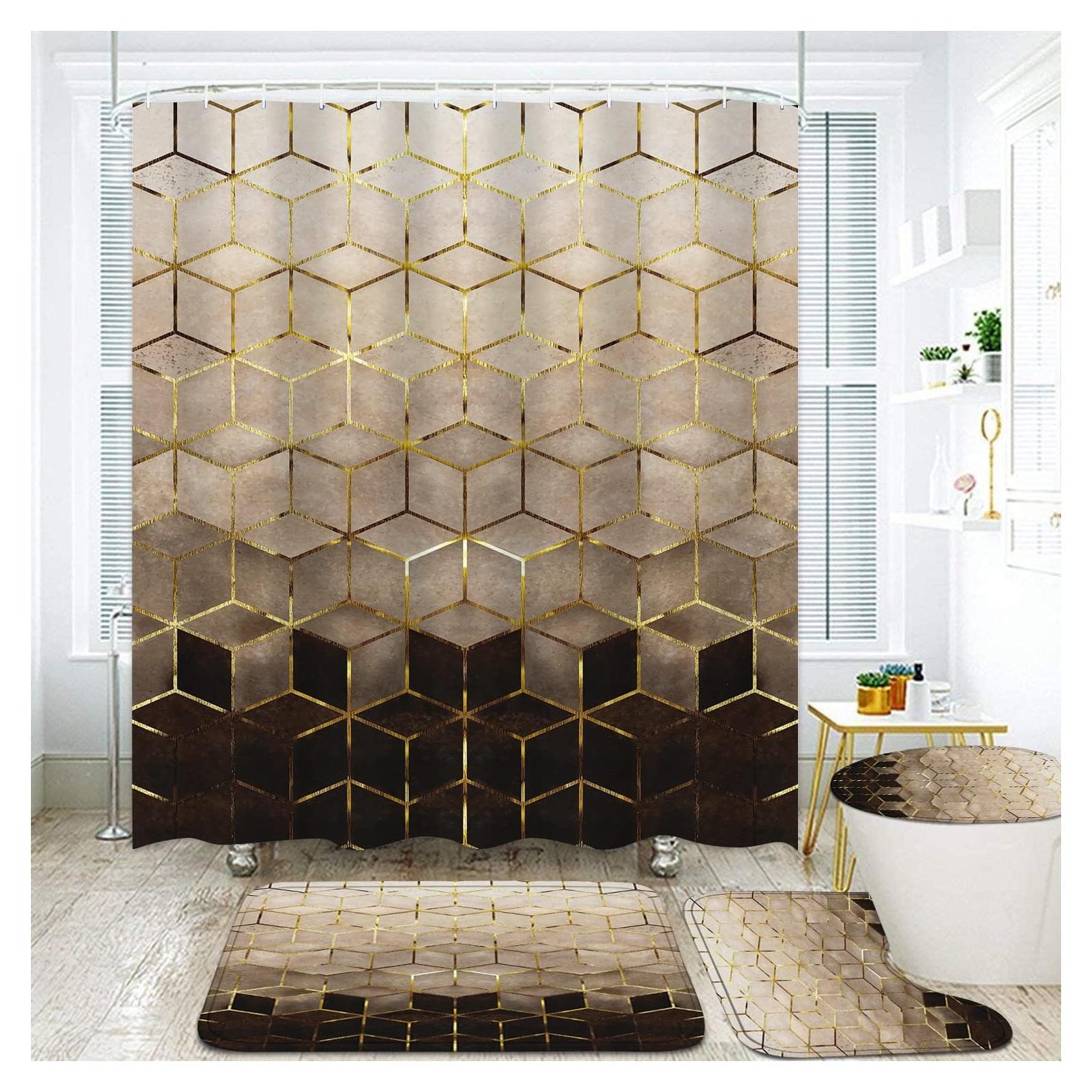 Juego de Cortinas de Ducha LQCOOL 4 Piezas Marrón Geométrico