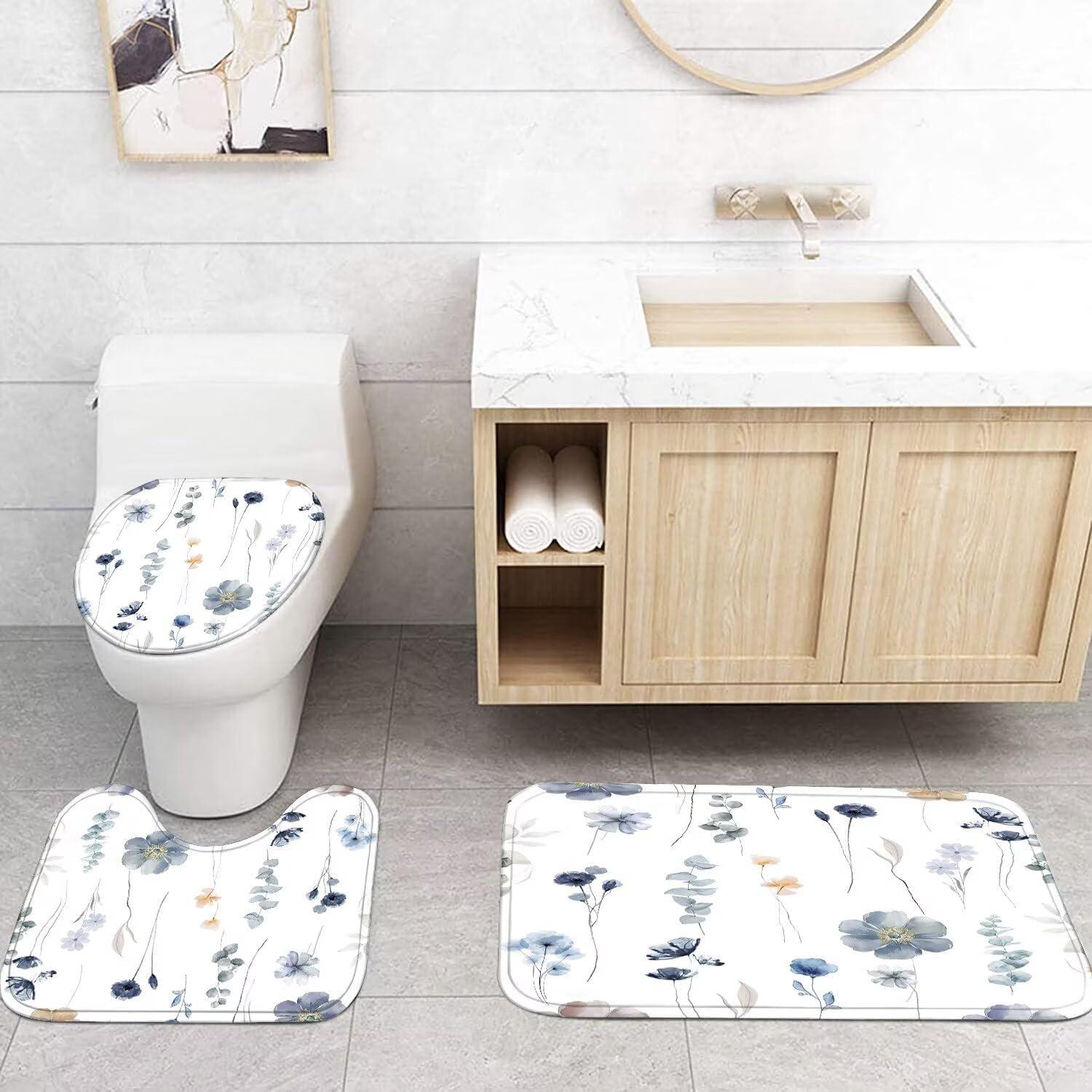 Juego de Cortina de Ducha DDQQ Floral 4 Piezas Antideslizante