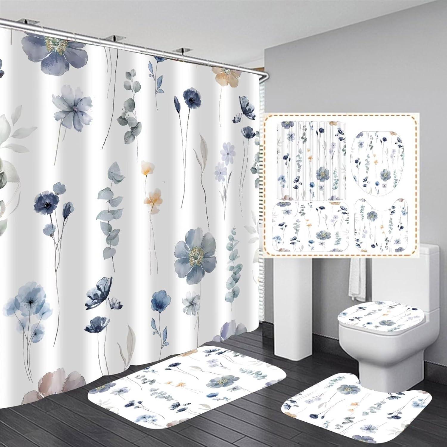 Juego de Cortina de Ducha DDQQ Floral 4 Piezas Antideslizante