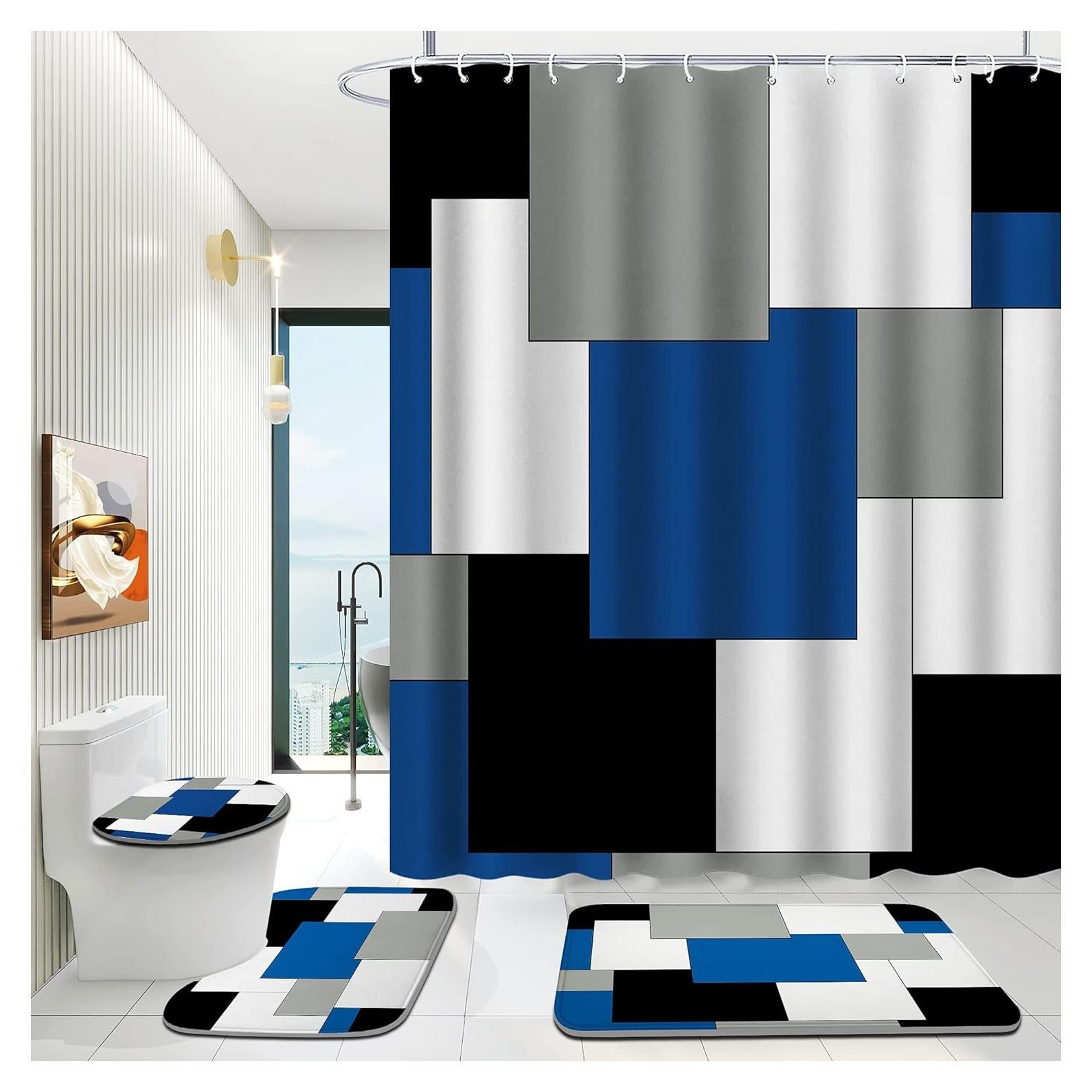 Conjunto de baño 4 piezas ENYORSEL azul con cortina y alfombrillas