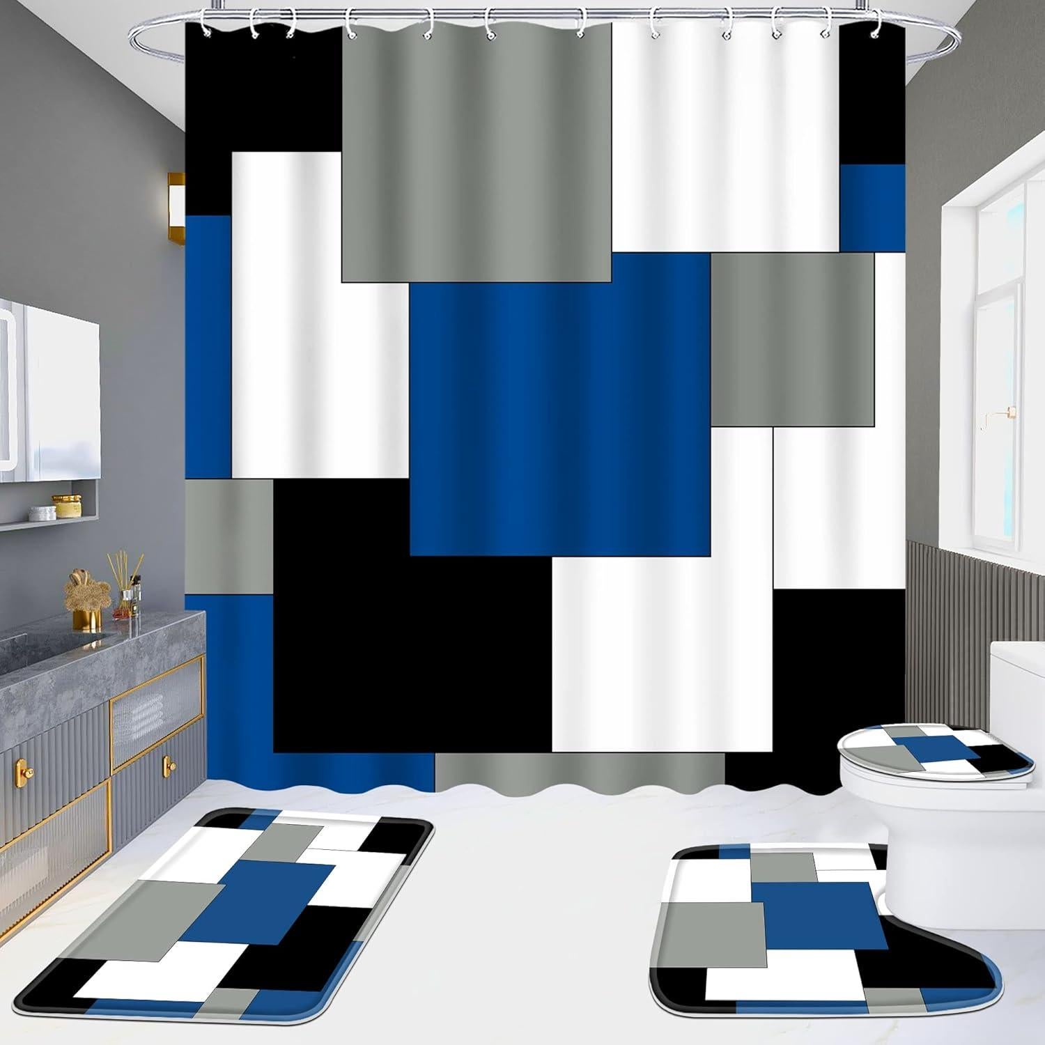 Conjunto de baño 4 piezas ENYORSEL azul con cortina y alfombrillas