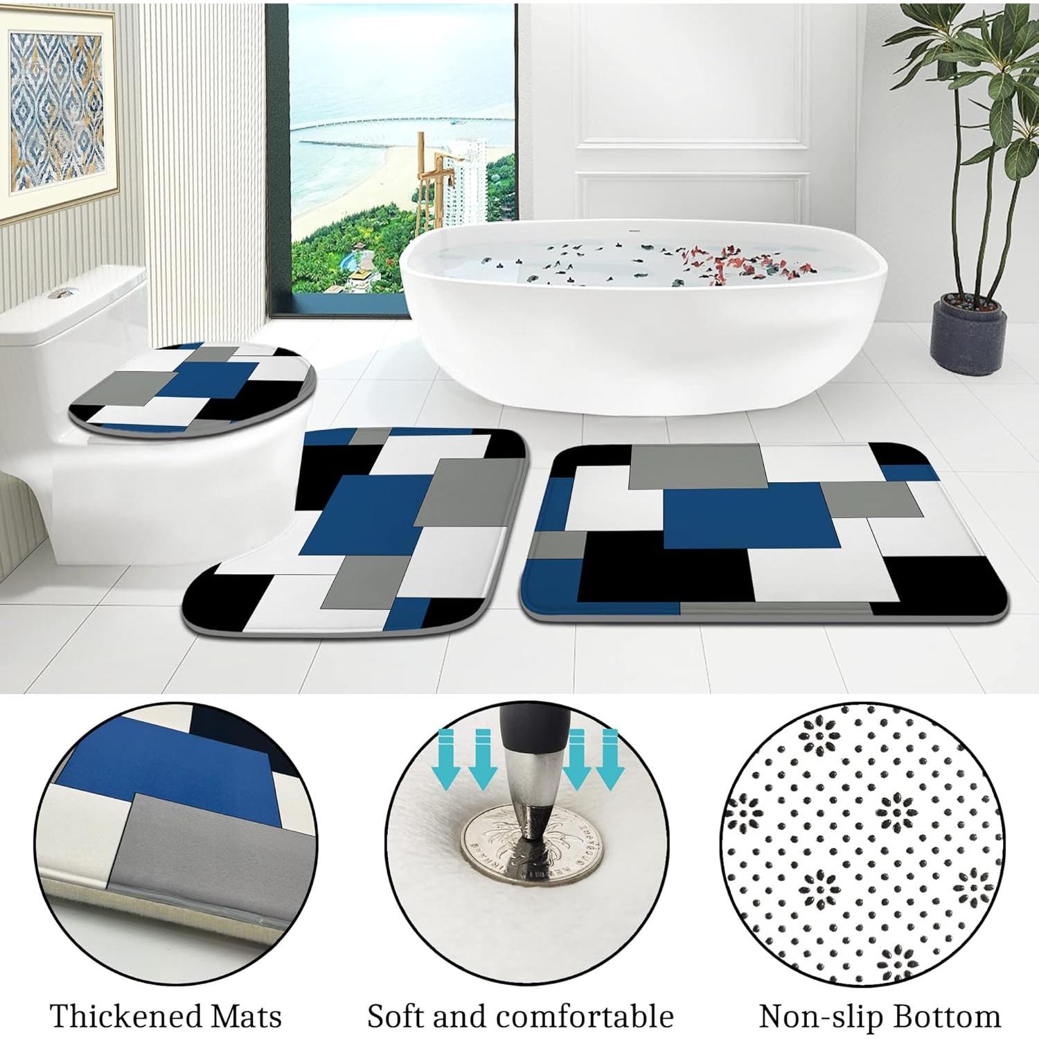 Conjunto de baño 4 piezas ENYORSEL azul con cortina y alfombrillas