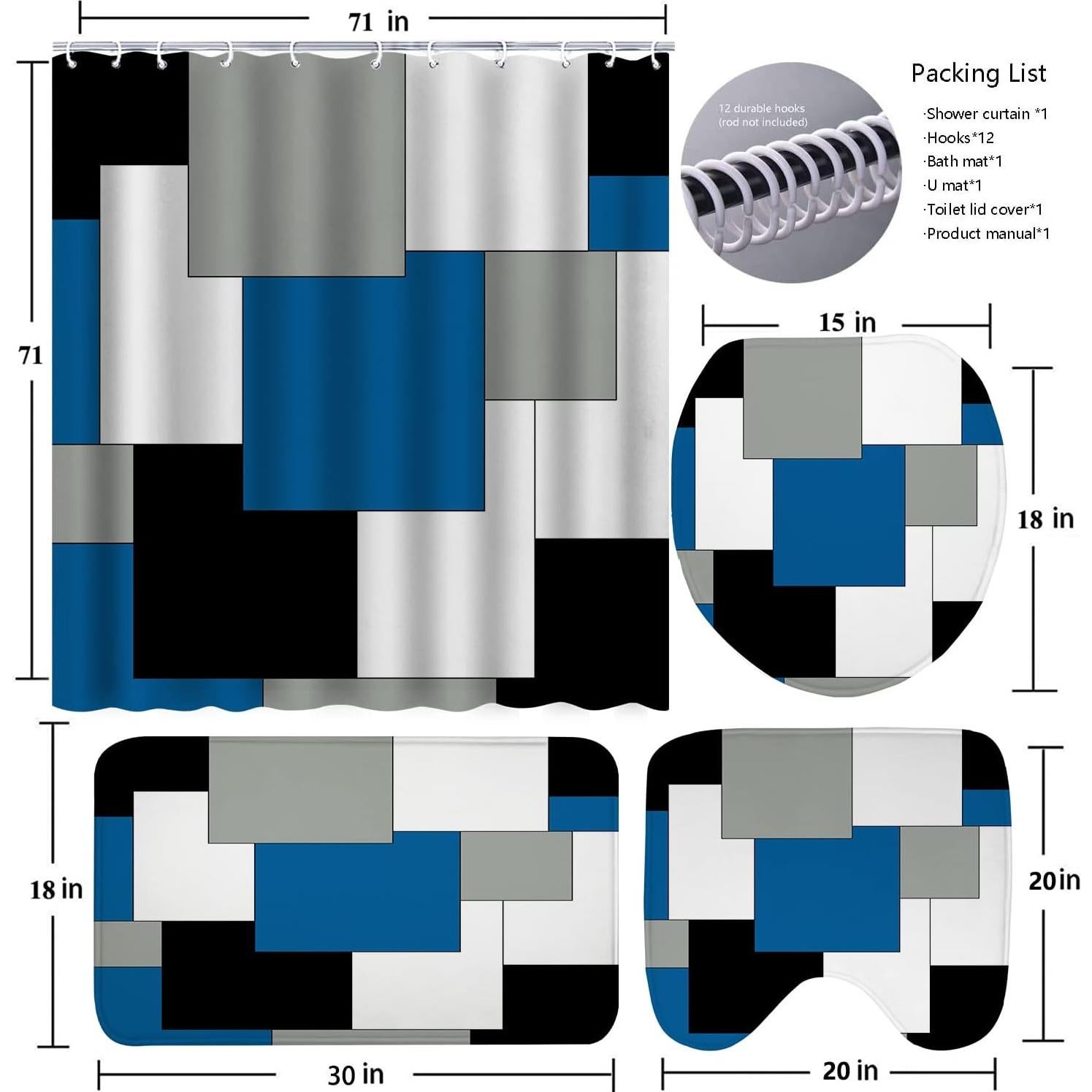 Conjunto de baño 4 piezas ENYORSEL azul con cortina y alfombrillas