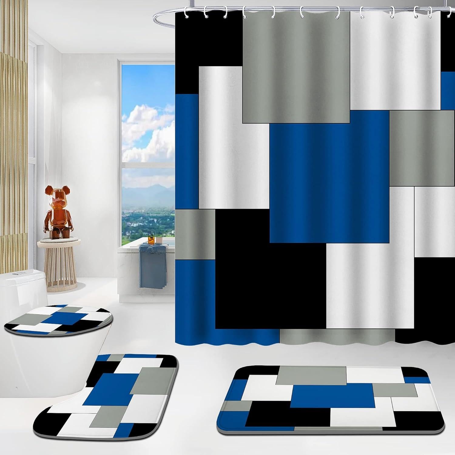Conjunto de baño 4 piezas ENYORSEL azul con cortina y alfombrillas