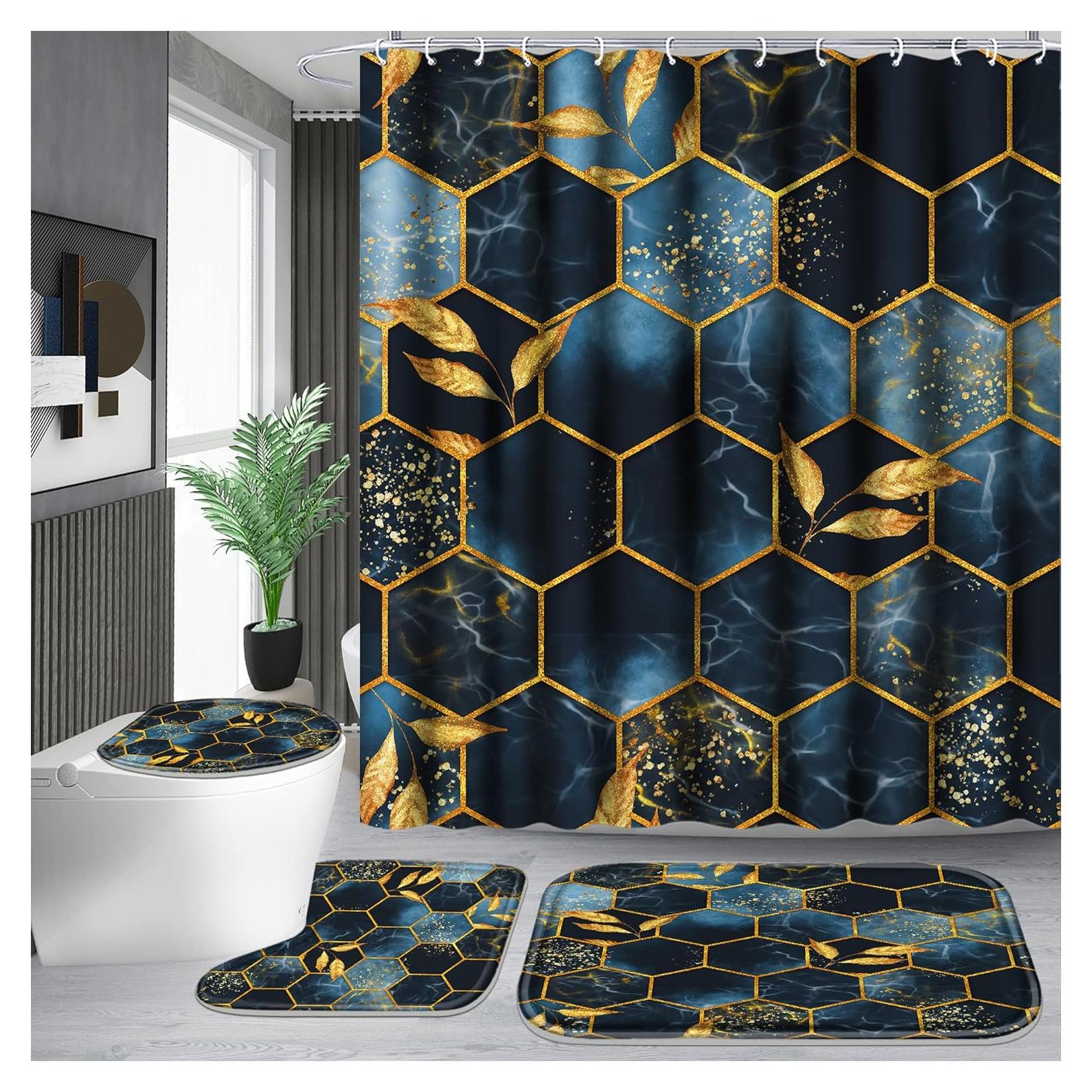 Conjunto de Cortina de Ducha Poedist 4 Piezas Mármoles Azul