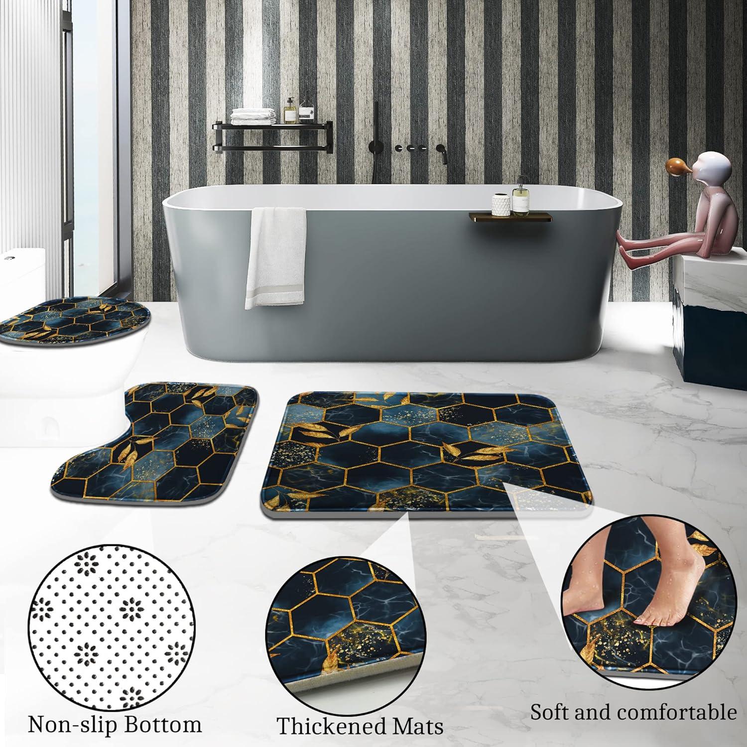 Conjunto de Cortina de Ducha Poedist 4 Piezas Mármoles Azul