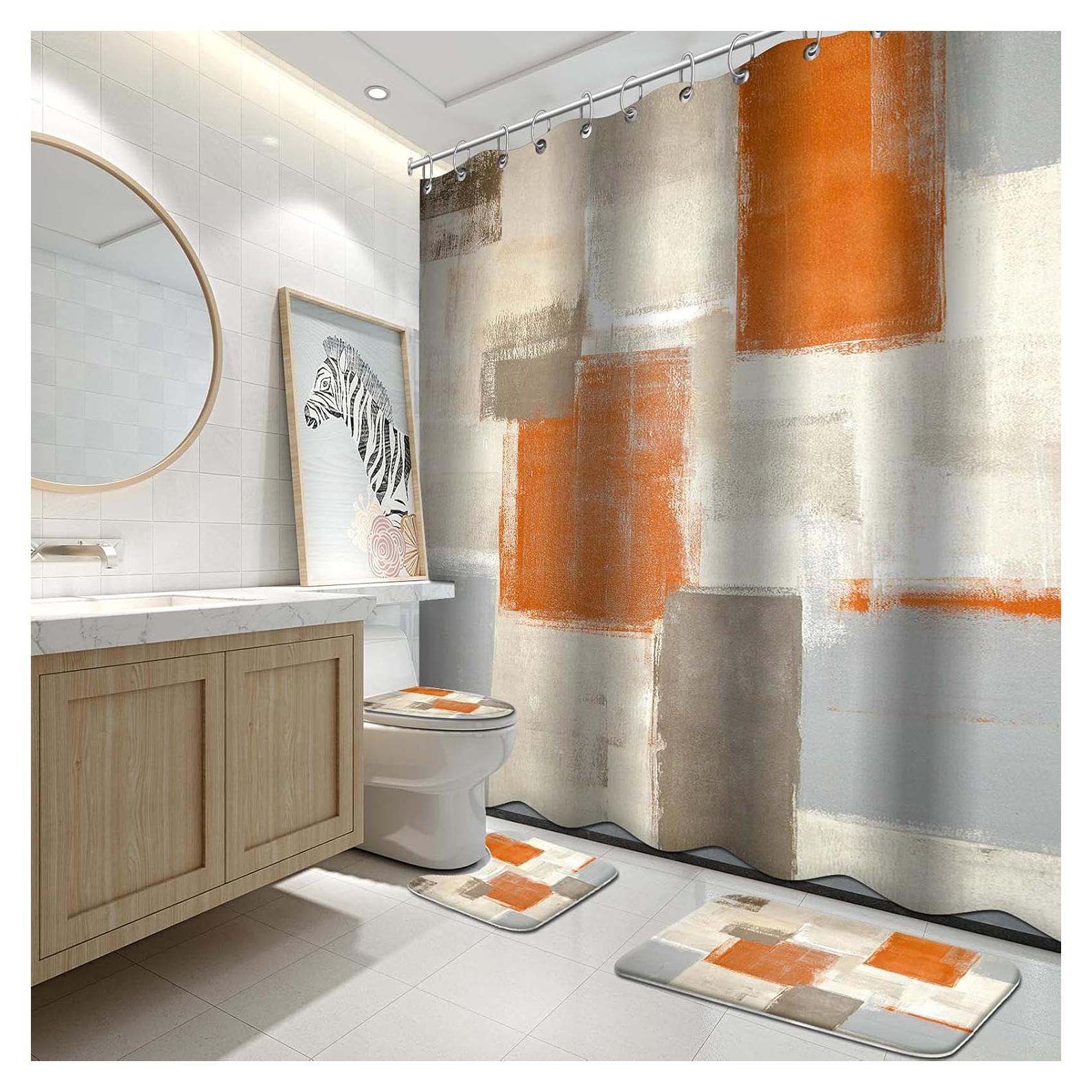 Juego de Cortinas de Ducha Lnond Naranja 182x182 cm con Alfombrillas