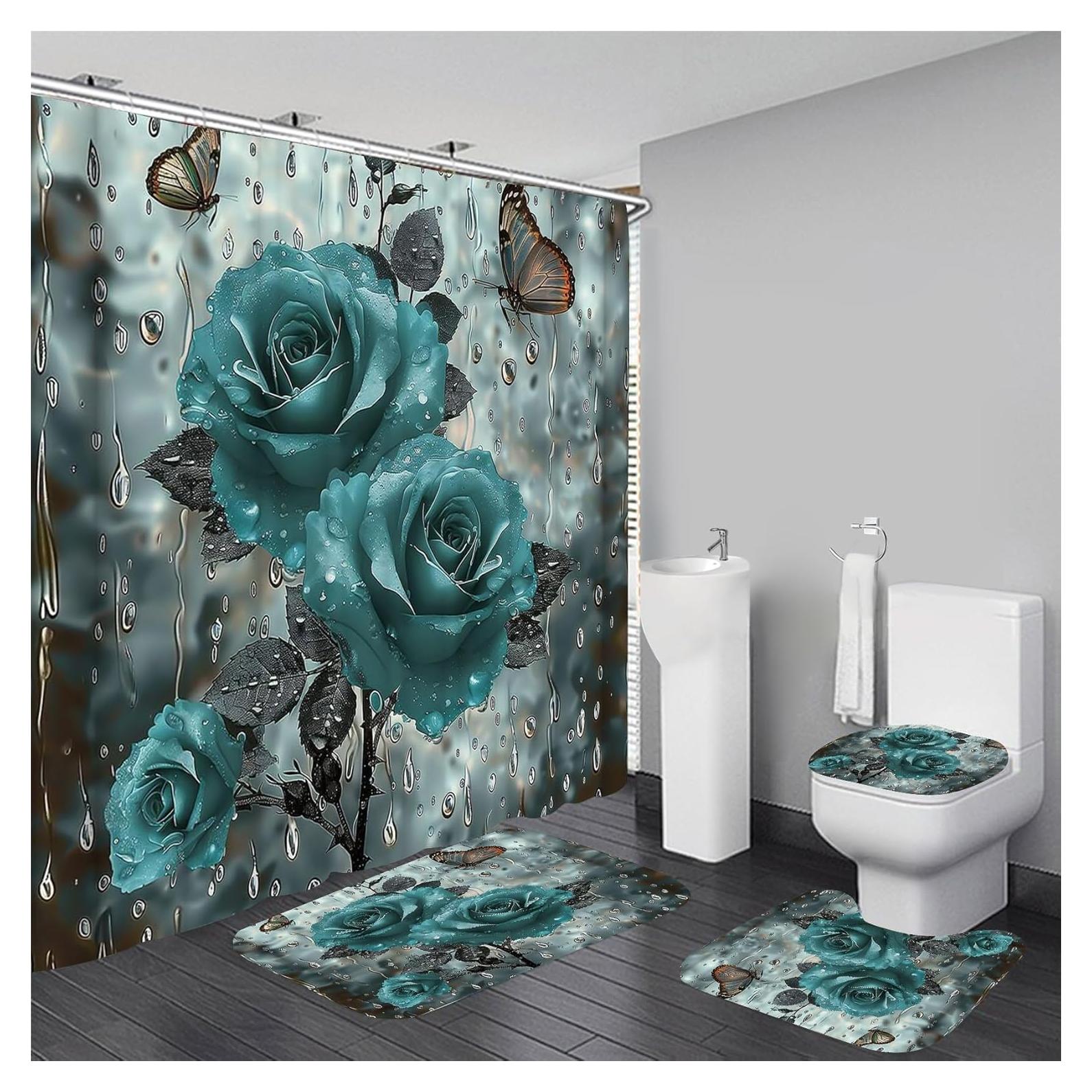 Cortina de Ducha Yizheer Rosa Teal 180x180 cm + Alfombrillas