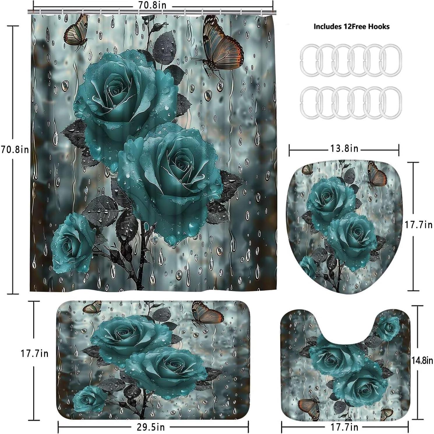 Cortina de Ducha Yizheer Rosa Teal 180x180 cm + Alfombrillas