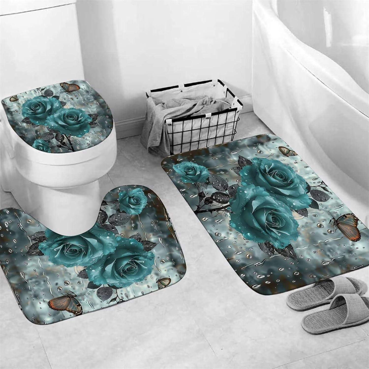 Cortina de Ducha Yizheer Rosa Teal 180x180 cm + Alfombrillas