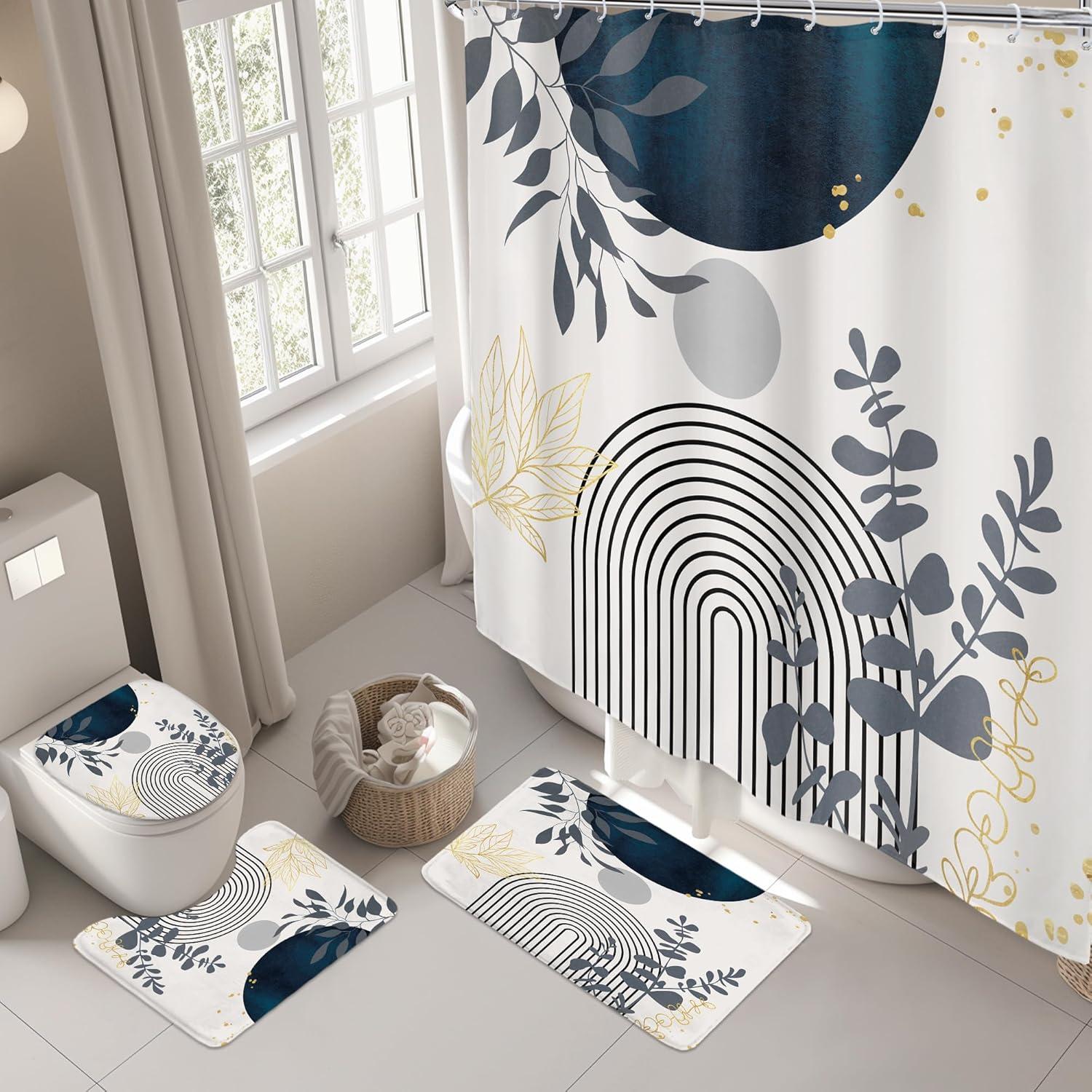 Set de Cortina de Ducha Riyidecor 4 Piezas Azul Marino