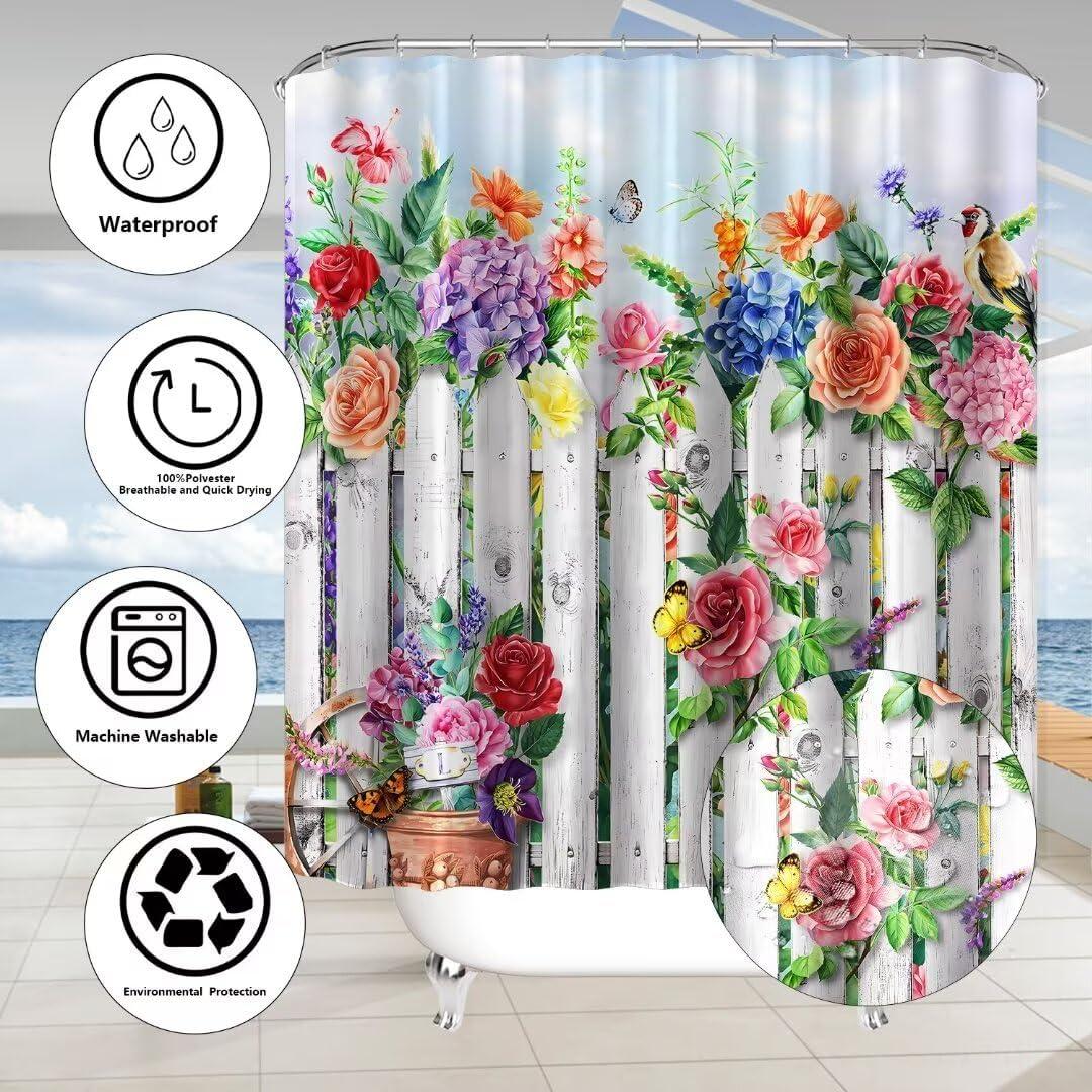 DDQQ 4Pcs Floral Shower Curtain Set with Rugs Bathroom Sets Farmhouse Shower Curtain with 12 Hooks Gray Wood Bird Bathroom Decor with Rugs Bath Accessories with Mats Toilet Lid Cover