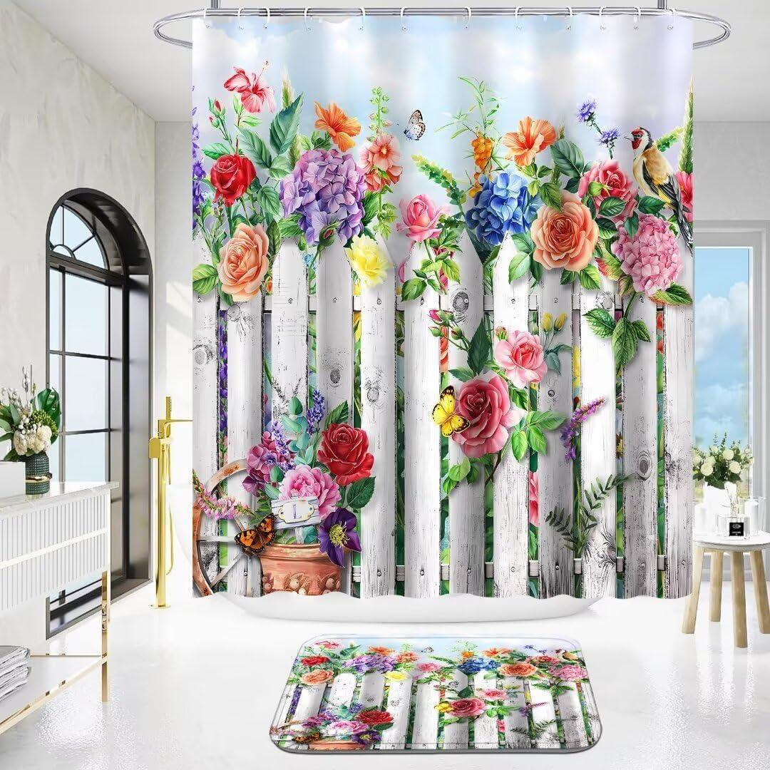 DDQQ 4Pcs Floral Shower Curtain Set with Rugs Bathroom Sets Farmhouse Shower Curtain with 12 Hooks Gray Wood Bird Bathroom Decor with Rugs Bath Accessories with Mats Toilet Lid Cover
