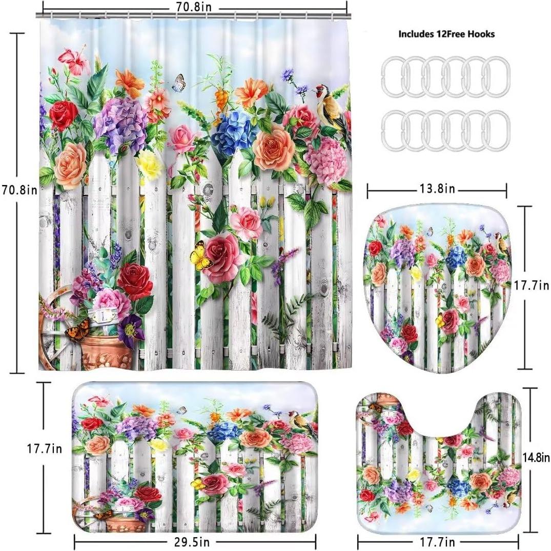 DDQQ 4Pcs Floral Shower Curtain Set with Rugs Bathroom Sets Farmhouse Shower Curtain with 12 Hooks Gray Wood Bird Bathroom Decor with Rugs Bath Accessories with Mats Toilet Lid Cover