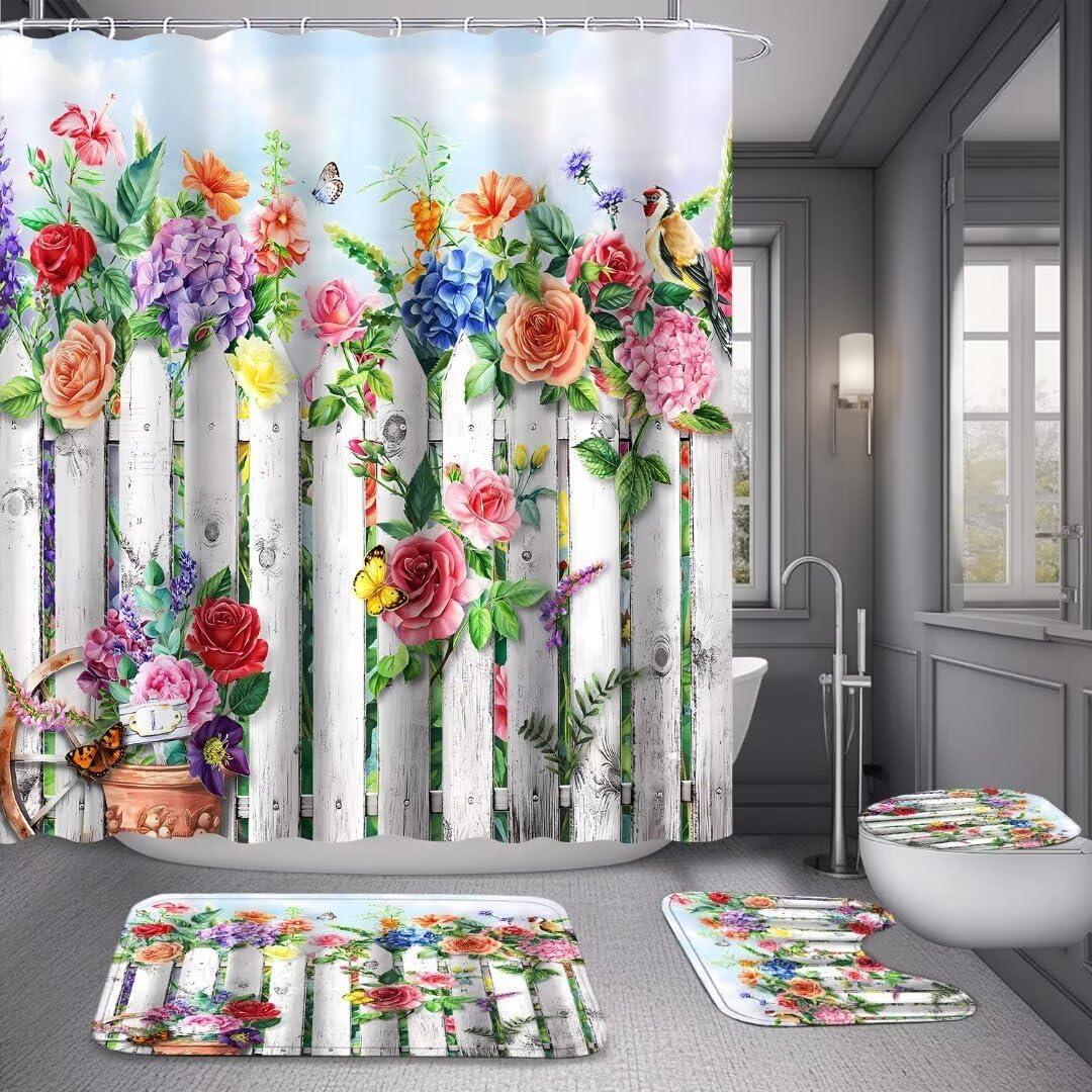DDQQ 4Pcs Floral Shower Curtain Set with Rugs Bathroom Sets Farmhouse Shower Curtain with 12 Hooks Gray Wood Bird Bathroom Decor with Rugs Bath Accessories with Mats Toilet Lid Cover