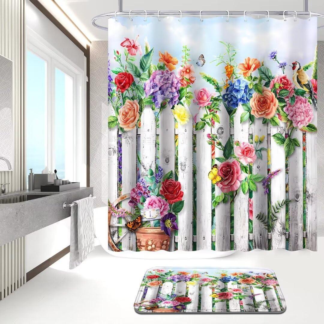 DDQQ 4Pcs Floral Shower Curtain Set with Rugs Bathroom Sets Farmhouse Shower Curtain with 12 Hooks Gray Wood Bird Bathroom Decor with Rugs Bath Accessories with Mats Toilet Lid Cover